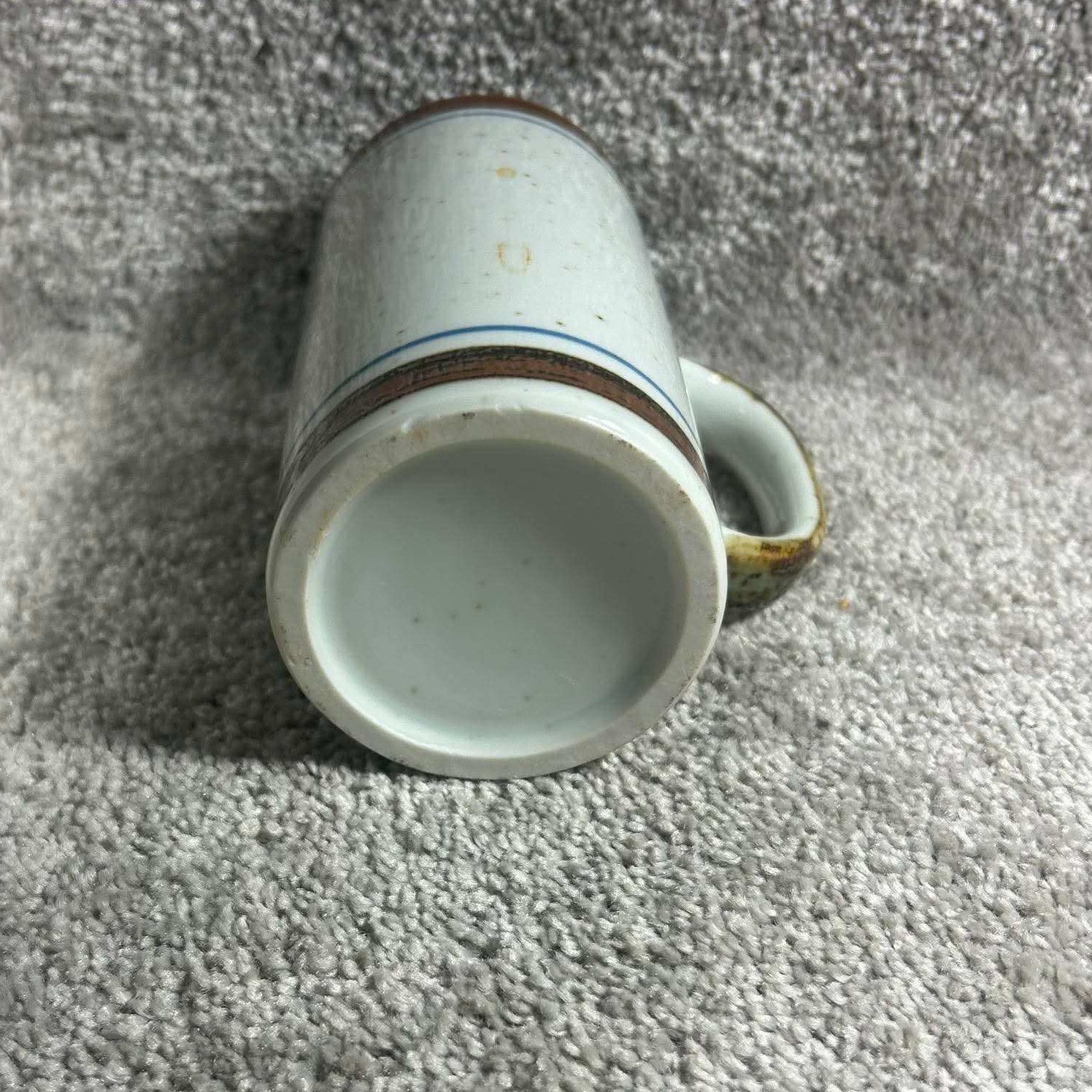 Striped Speckled Stoneware Tall Mug Cream Brown Blue Cylindrical 10oz