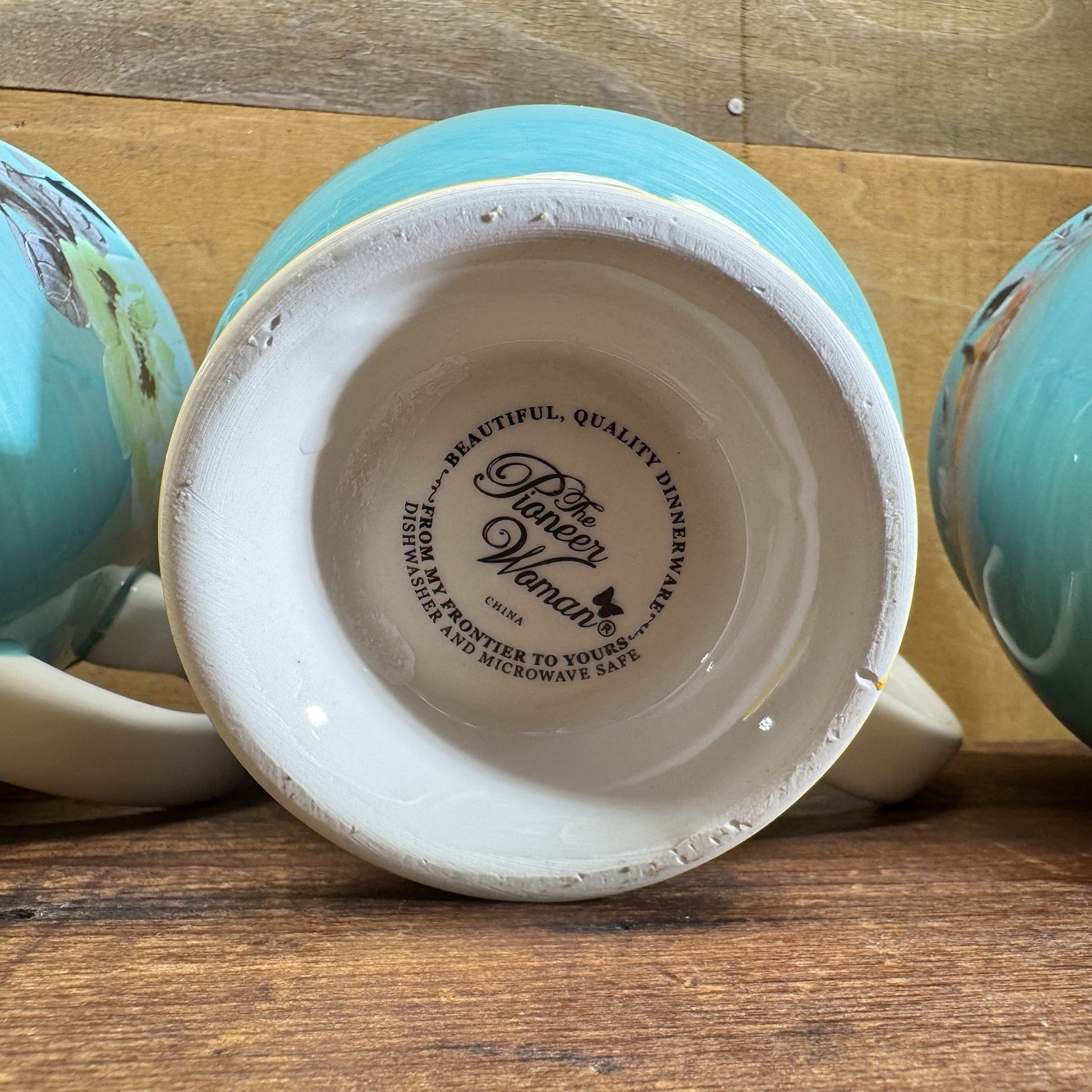 4 Pioneer Woman Mug Flea Market Footed Teal Yellow Flowers Turquoise Floral Farm