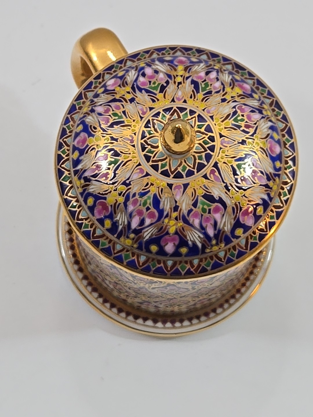 Thai Benjarong Gilded Hand Painted Porcelain Mug with Lid & Saucer Floral Design