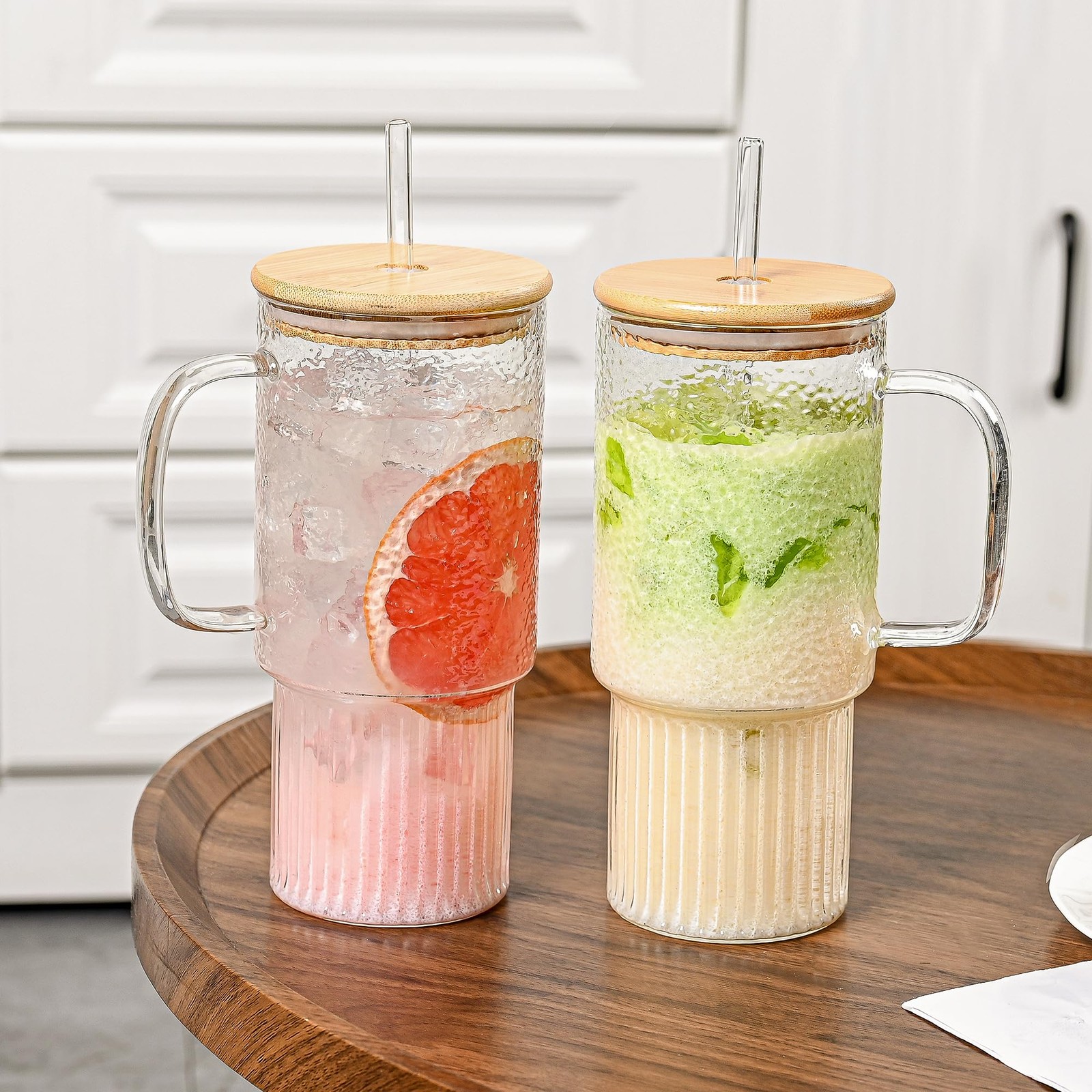 32oz Ribbed Borosilicate Glass Tumbler with Handle, Bamboo Lid and Straw, Ice…