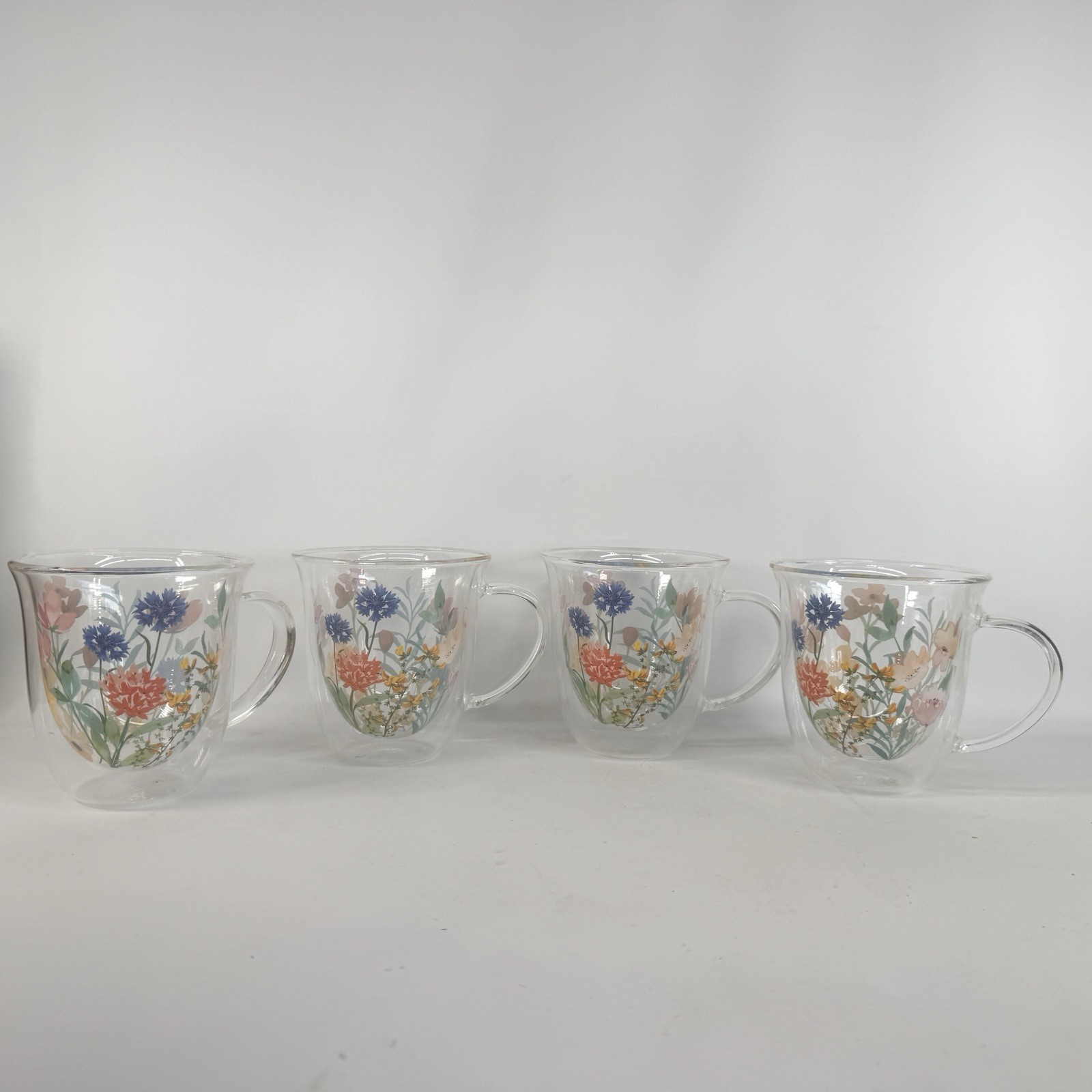 Brandani Double Wall Glass Coffee Mug Tea Floral Wild Flowers Italy Set of 4