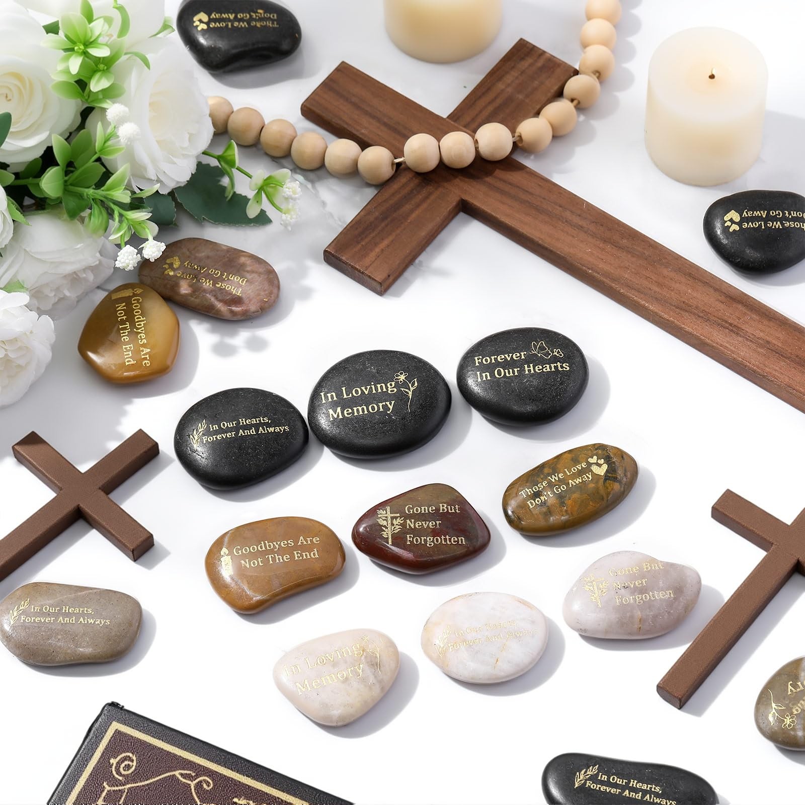 18 Pcs Memorial Stones 1.97″ Engraved River Rock Funeral Décor Gift