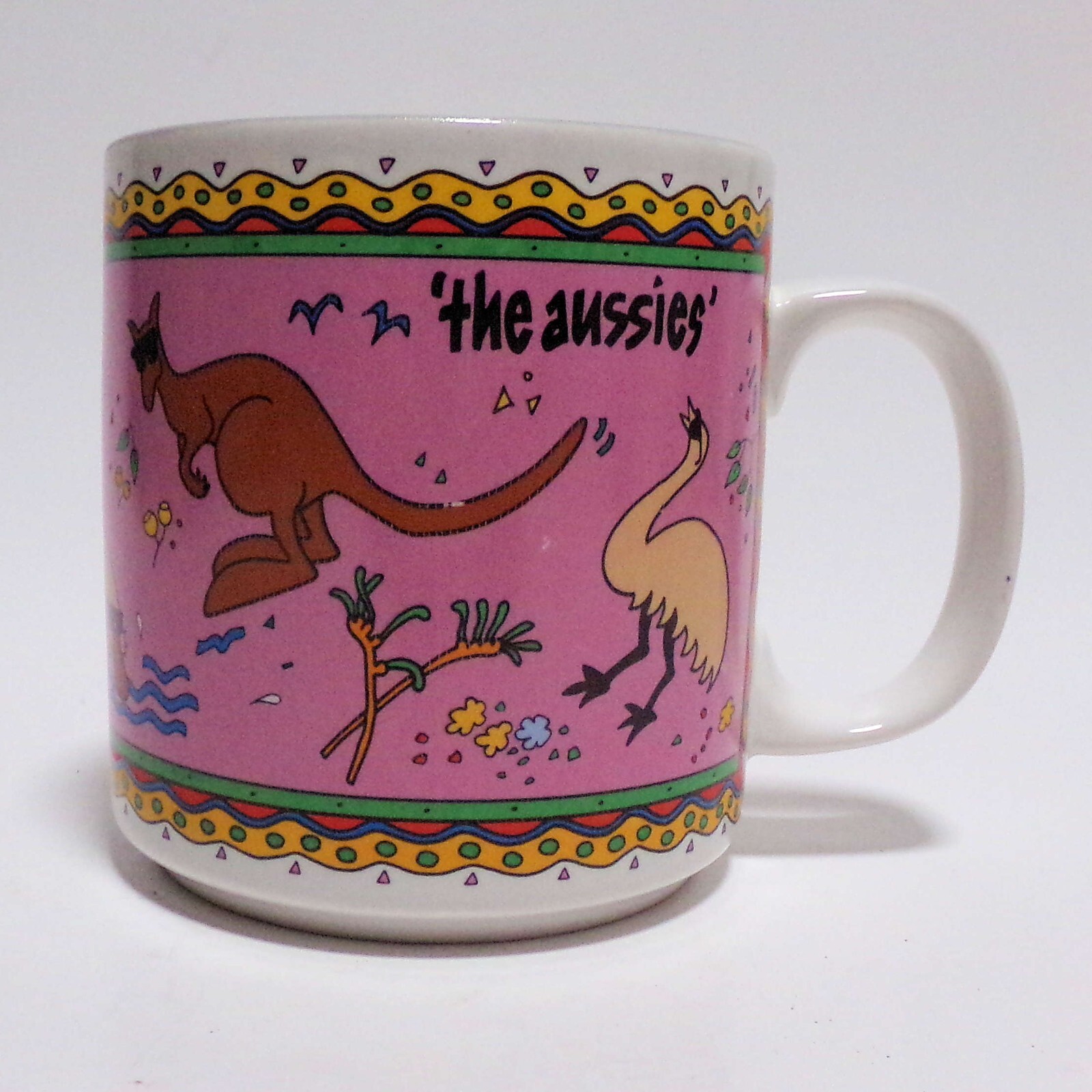 Crystal Craft Australia “Aussies” Coffee Mug Animals Kangaroos Emus Pink 3.75″T