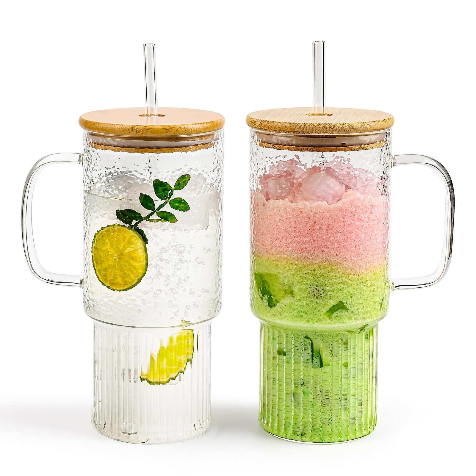 32oz Ribbed Borosilicate Glass Tumbler with Handle, Bamboo Lid and Straw, Ice…
