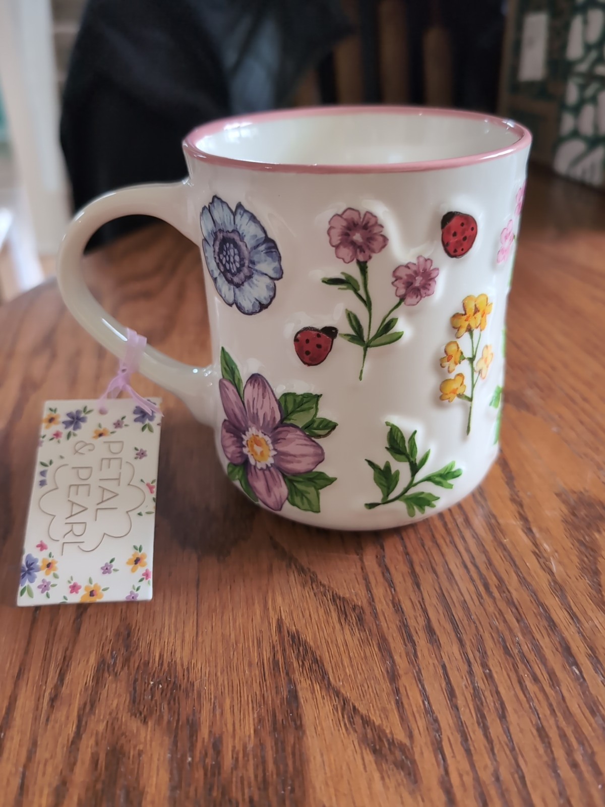 Petal & Pearl Spring Flowers Floral Lady Bug 22 Oz Ceramic Coffee Tea Mug Gift