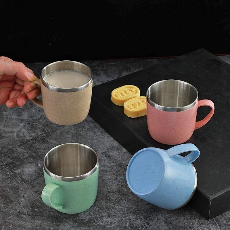 Simple Solid Color Stainless Steel Mug Wheat Straw Element Small Water Cup Child