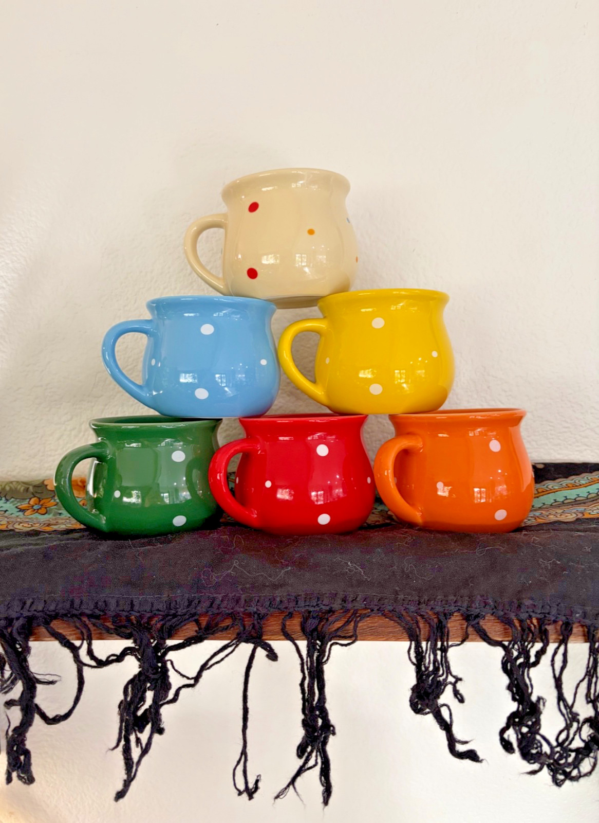 Colorful Polka Dot Coffee Mugs Set of 6 Ceramic Retro Rainbow Cups Red Blue Yell
