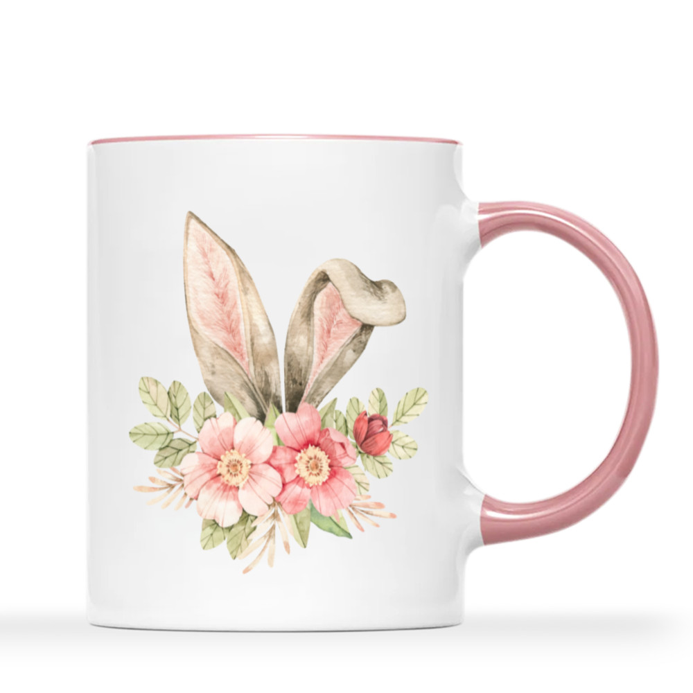 11 oz, 2 Sides Rabbit Ears and Flowers Pink Handle Mug – Happy Easter Mug