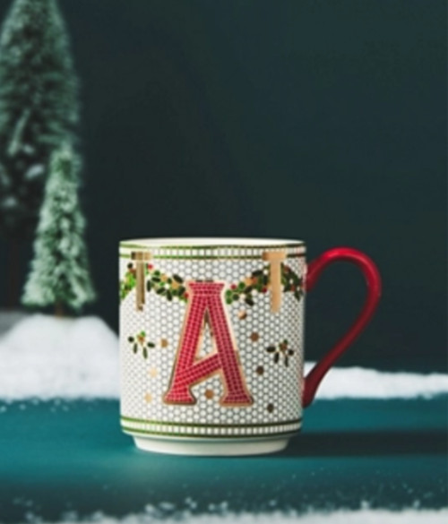 NEW ANTHROPOLOGIE FESTIVE BISTRO TILE MONOGRAM INITIAL CHRISTMAS HOLIDAY MUG A