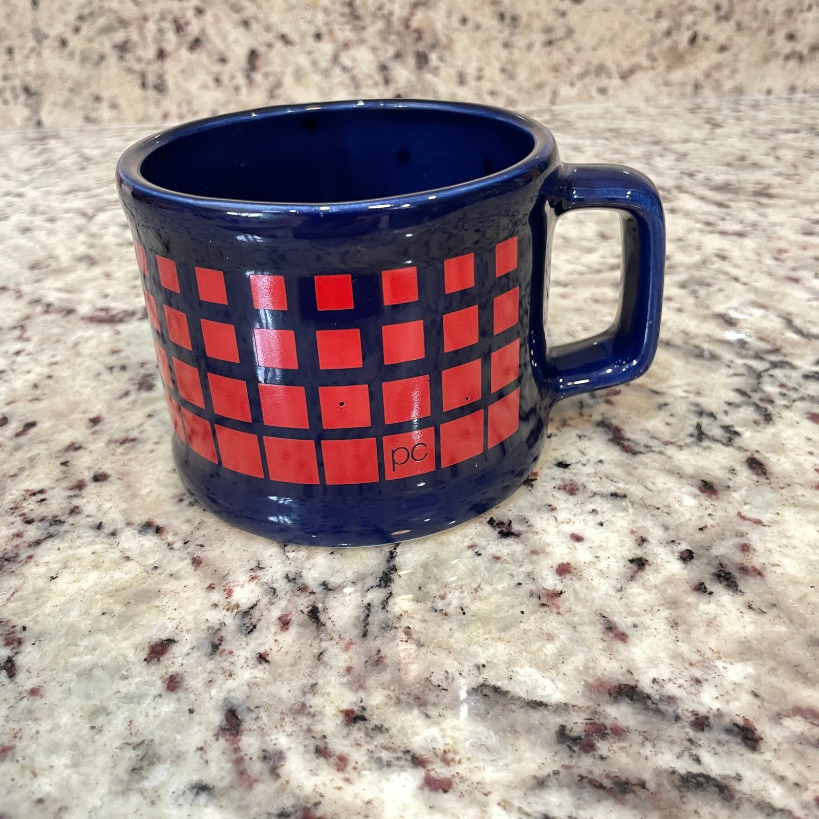 VTG Pierre Cardin Ceramic Coffee Mug Navy Red Check MCM Style Designer