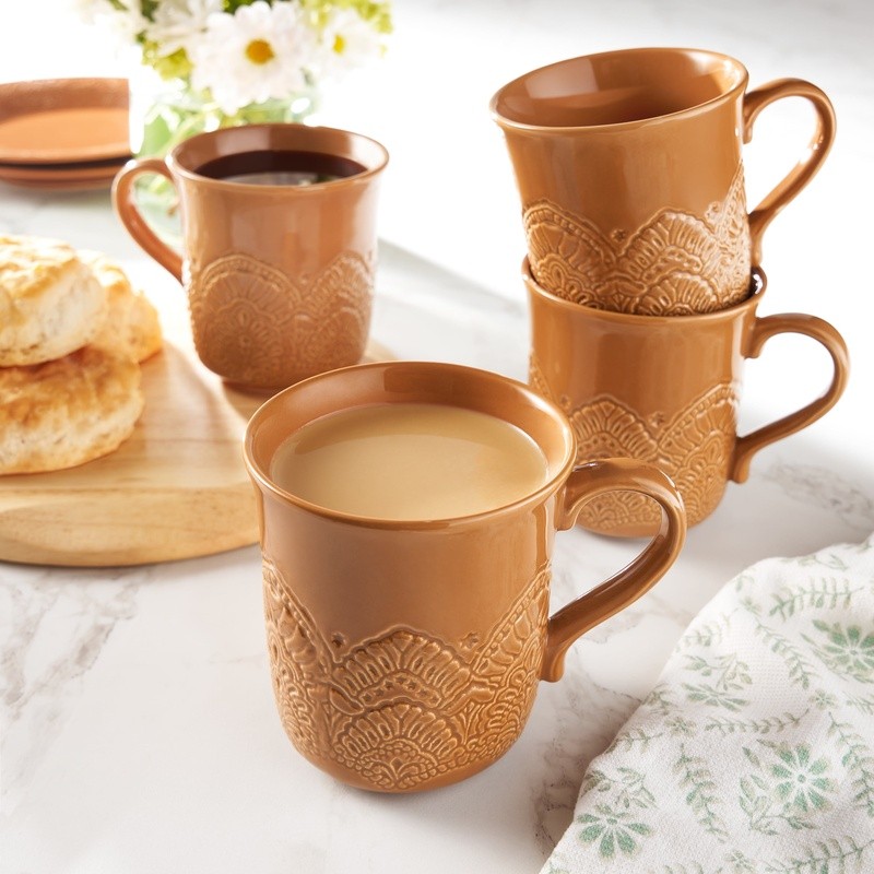 Vintage Lace 4-Pack Ceramic Mug Set Dishwasher Safe Stoneware Microwave Safe New