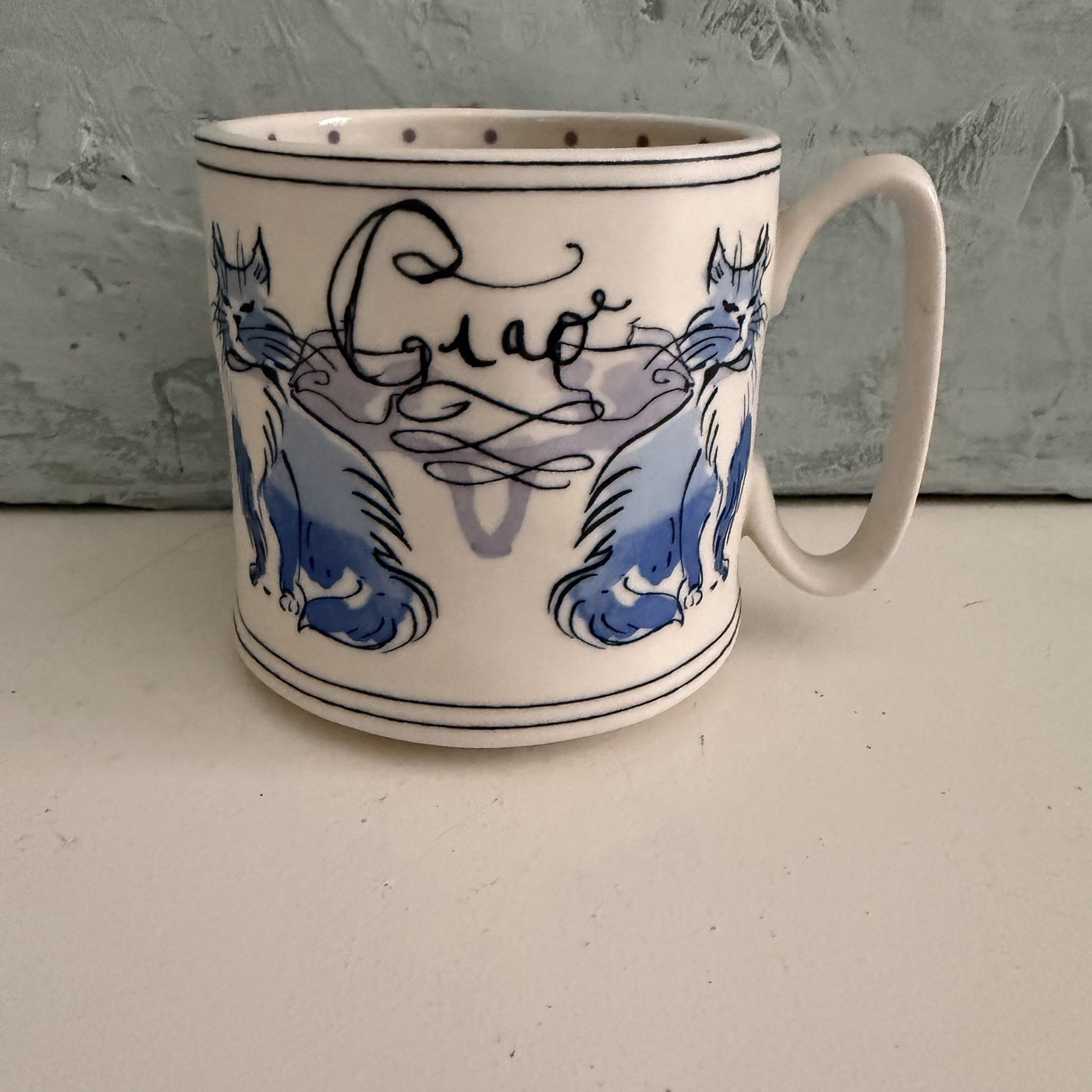 ANTHROPOLOGIE Coffee Tea Mug Ciao Bella Cat Blue Polka Dot Interior CUP Ceramic