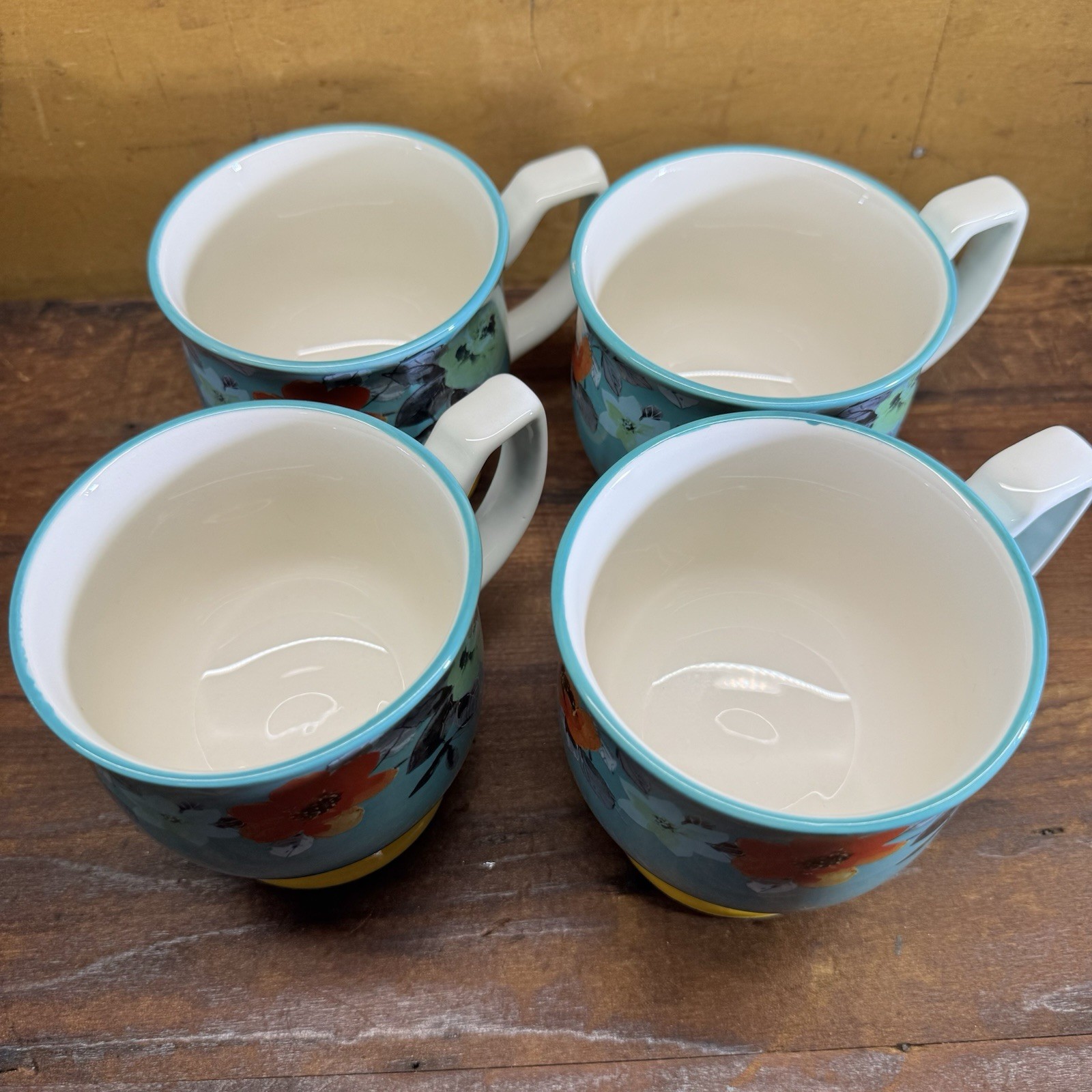 4 Pioneer Woman Mug Flea Market Footed Teal Yellow Flowers Turquoise Floral Farm