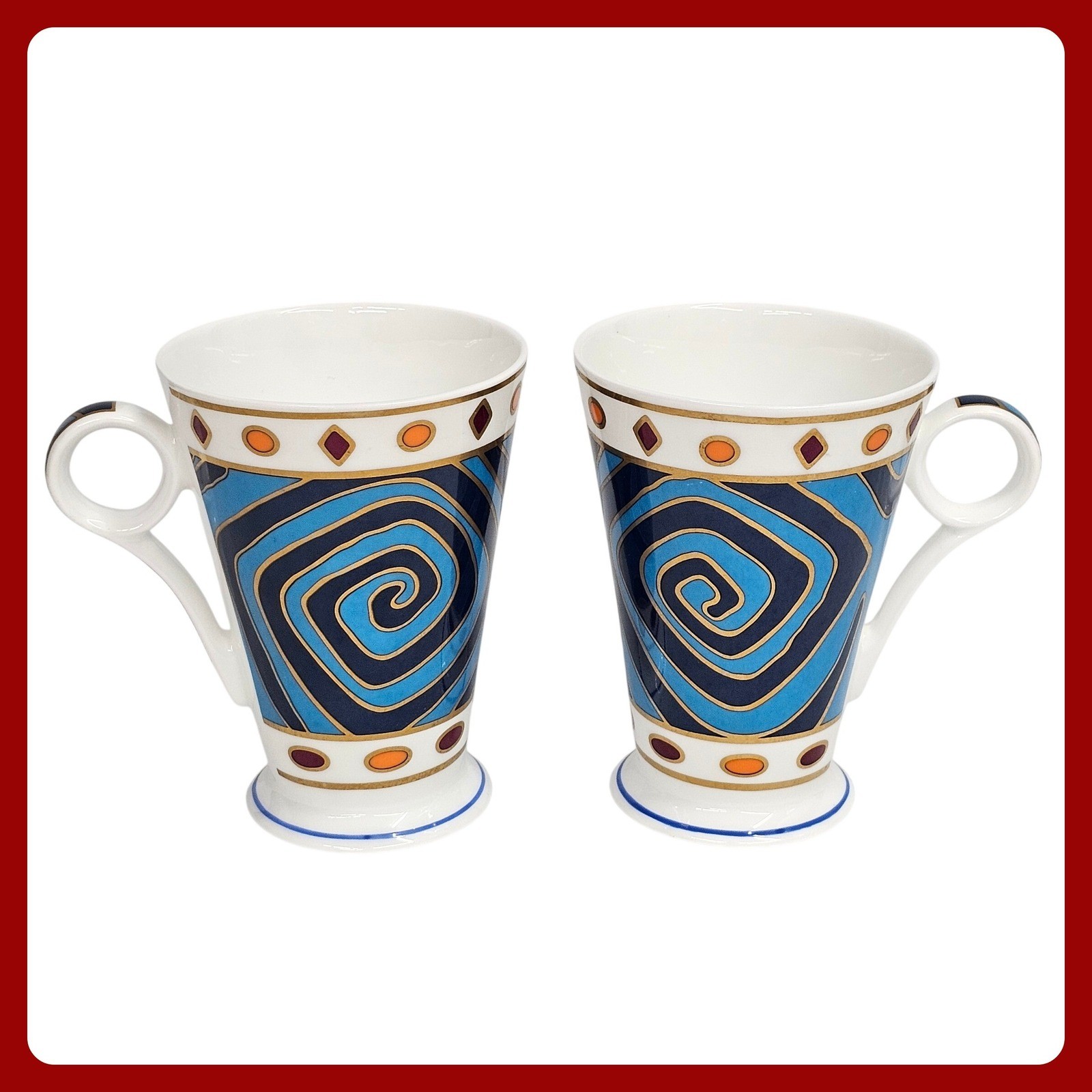 Wren Giftware Grecian Key Fine Bone China Mugs Set 2 Blue Swirl Made in England