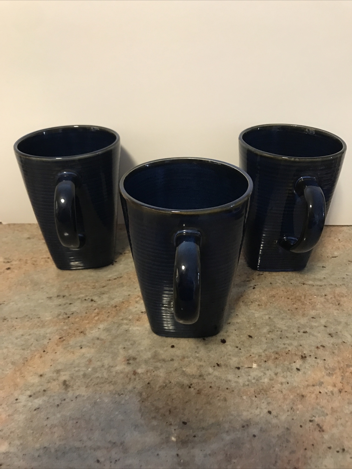 Set 3 Blue Striped Stoneware 16 Ounce Tall Coffee Latte Mugs See Color in Pics