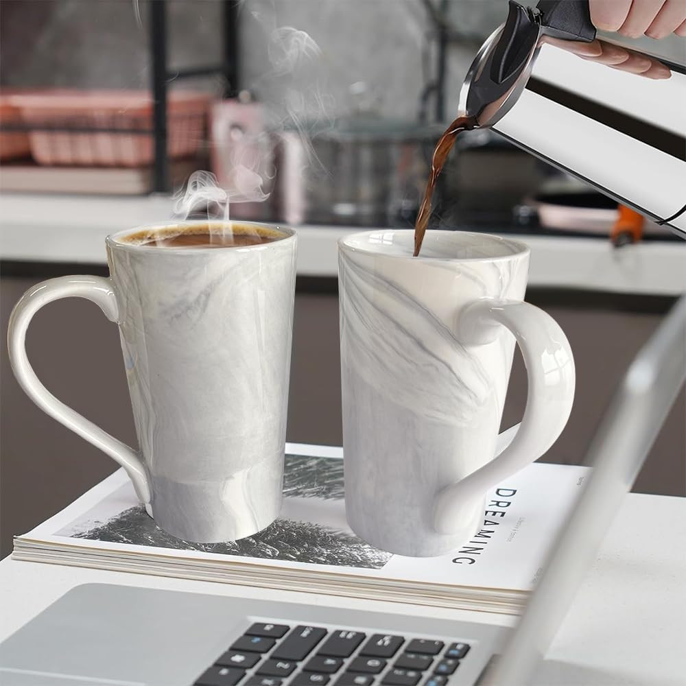 20 OZ Large Coffee Mugs, Grey Marble Ceramic Tall Beer Cups with Handle Set of 2