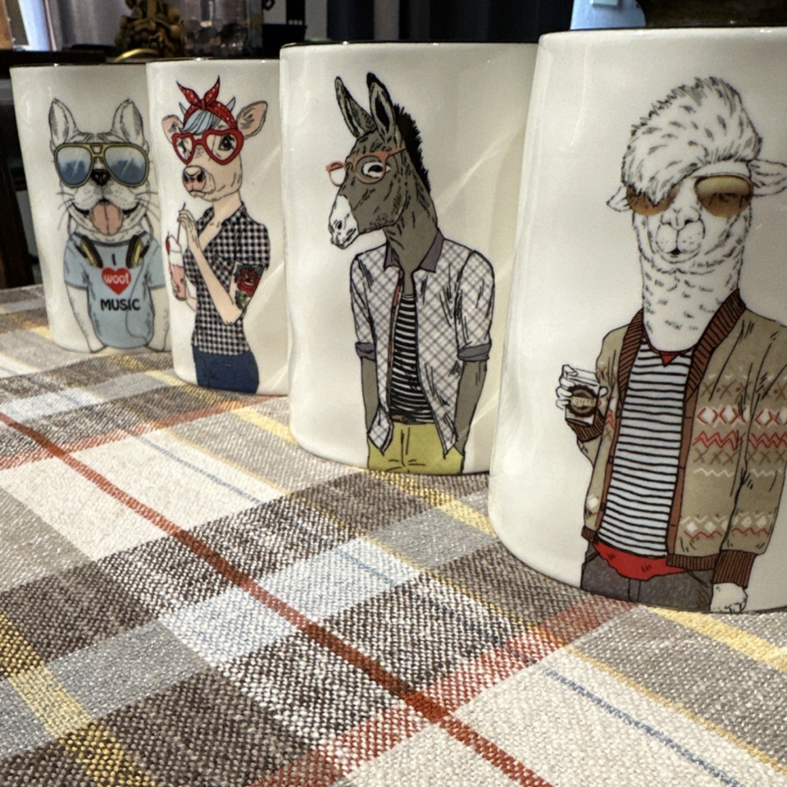 Signature Hipster Animals Ceramic Coffee Mug Set of 4 White/Black Handles 16 oz