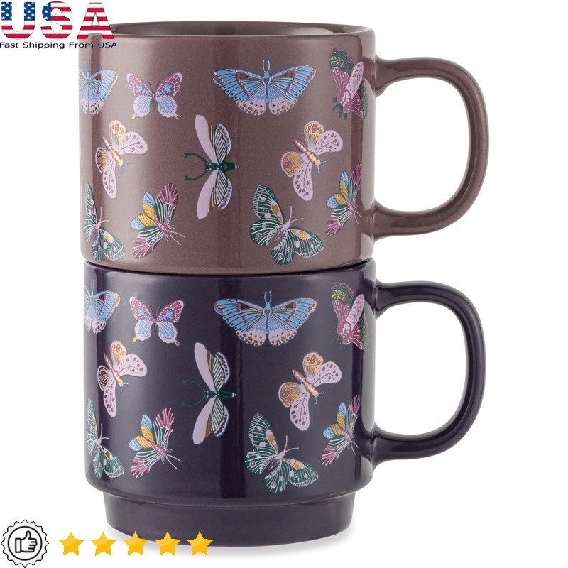 Stackable Butterfly Mugs Set of 2 Stoneware Coffee Tea Dishwasher Safe New