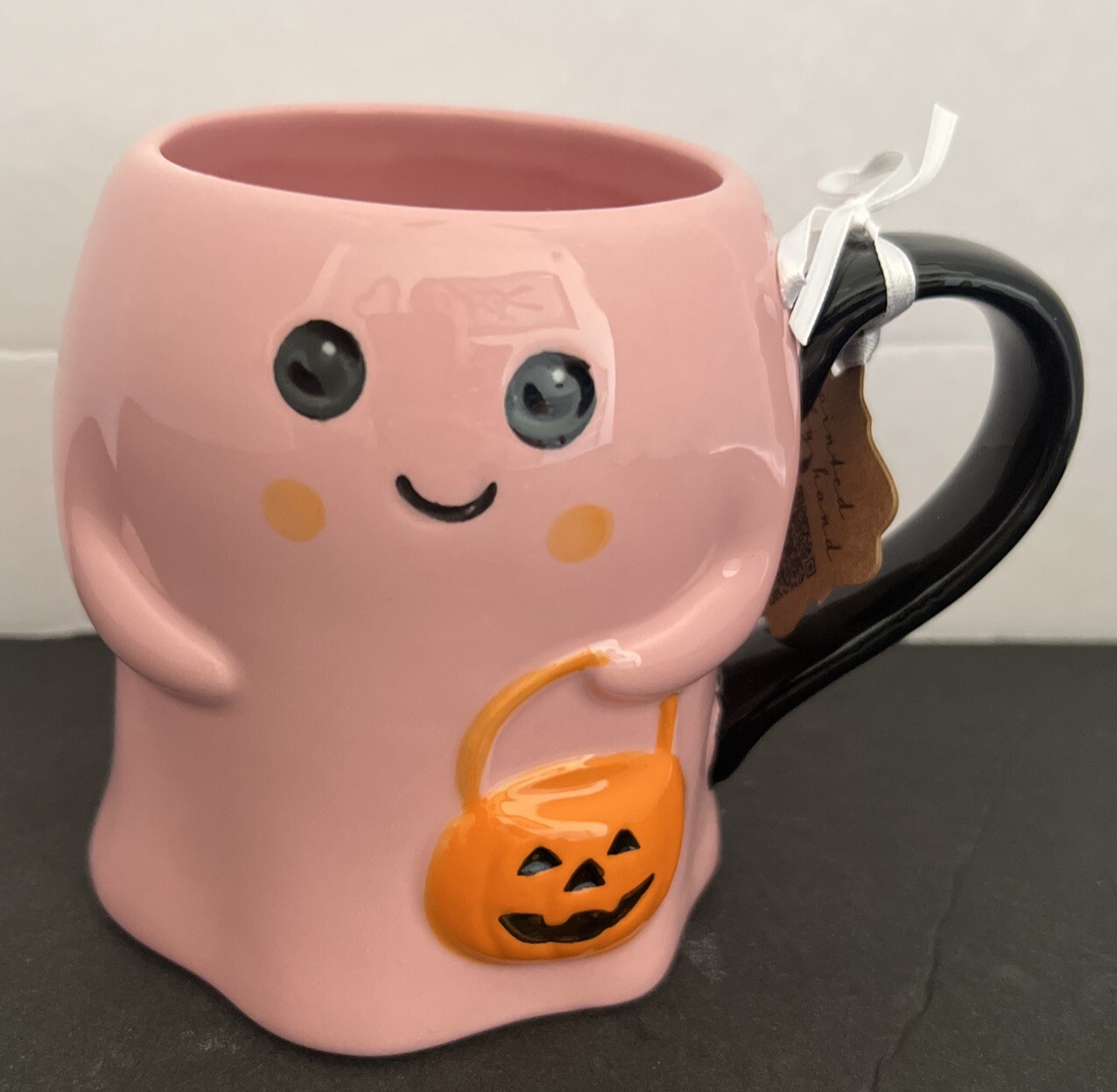Halloween Pink Ghost Mug holding Jack-O-Lantern Pumpkin Décor LANG 2024 NWT