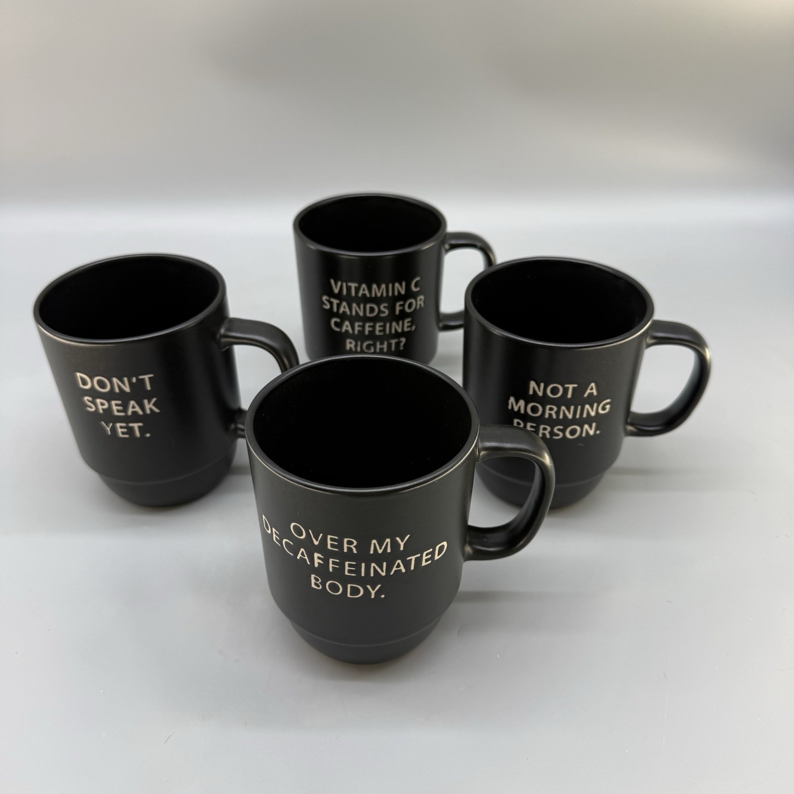 4 Boston Warehouse Black Coffee Mugs Snarky Funny Sayings Stackable Ceramic Cups