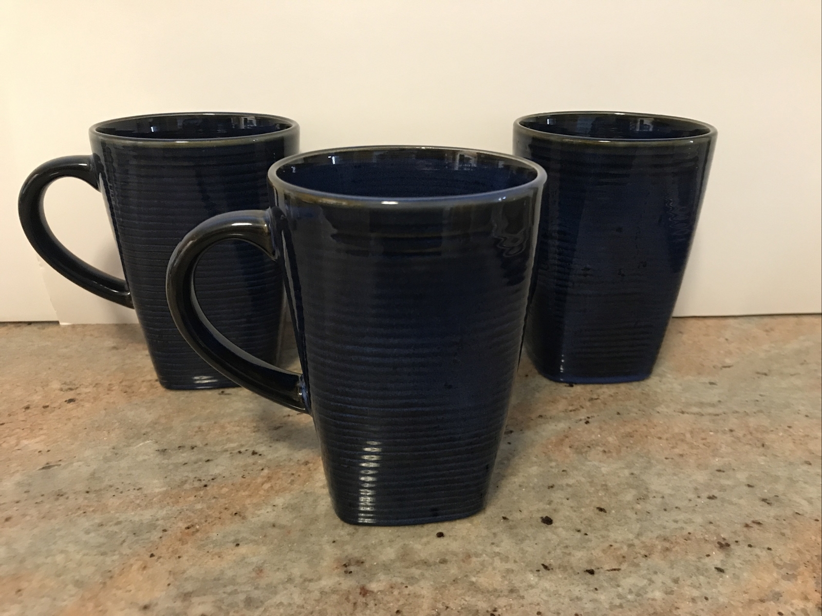Set 3 Blue Striped Stoneware 16 Ounce Tall Coffee Latte Mugs See Color in Pics