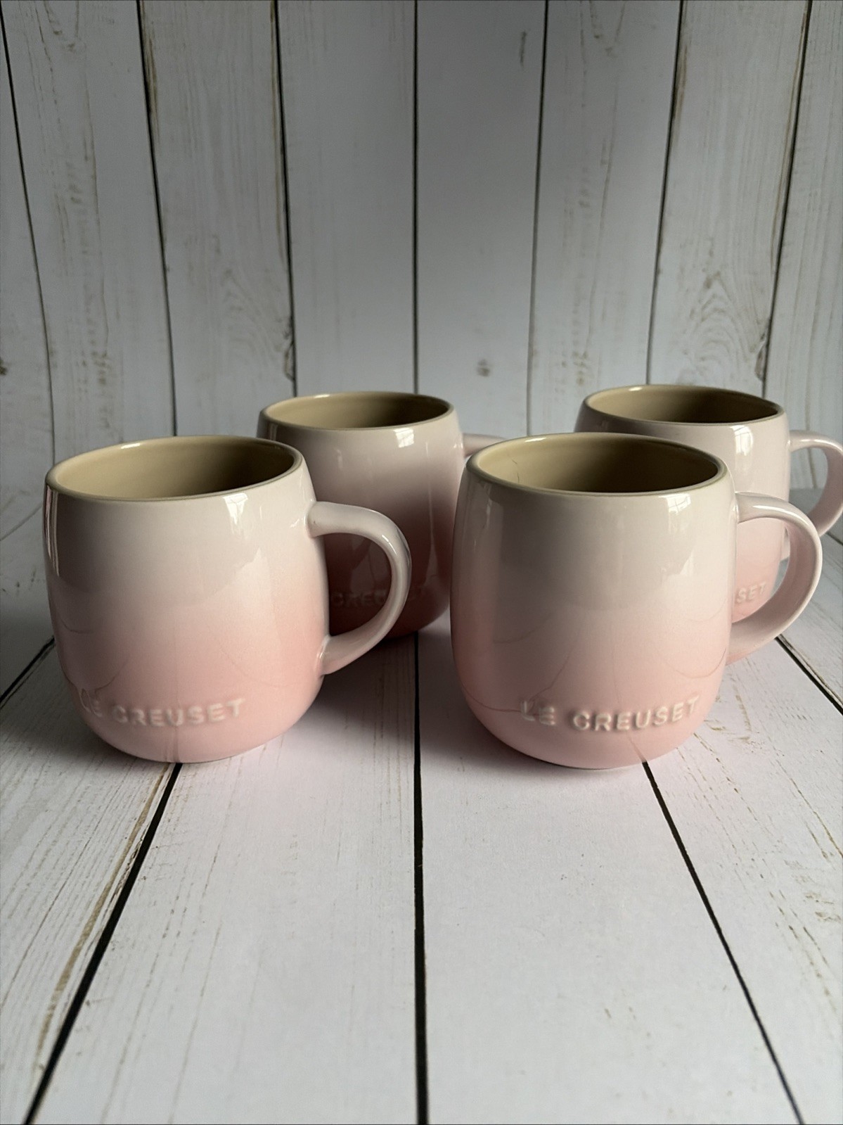 Used Set of 4 – Le Creuset Ombré Shell Pink 12 Oz Coffee Mugs Excellent