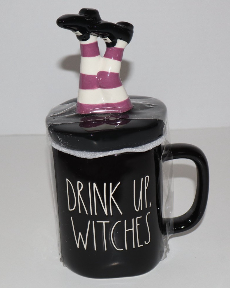 RAE DUNN Drink Up Witches Legs Topper Purple Halloween Black Coffee Mug NEW