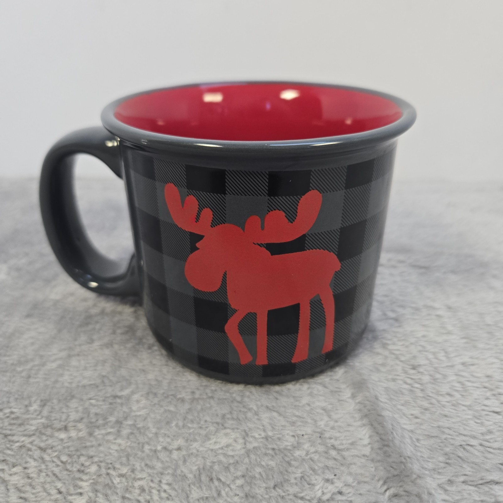 Lazy One, Black Grey Plaid, Red Moose & Inside Tea Coffee Mug 14 oz.