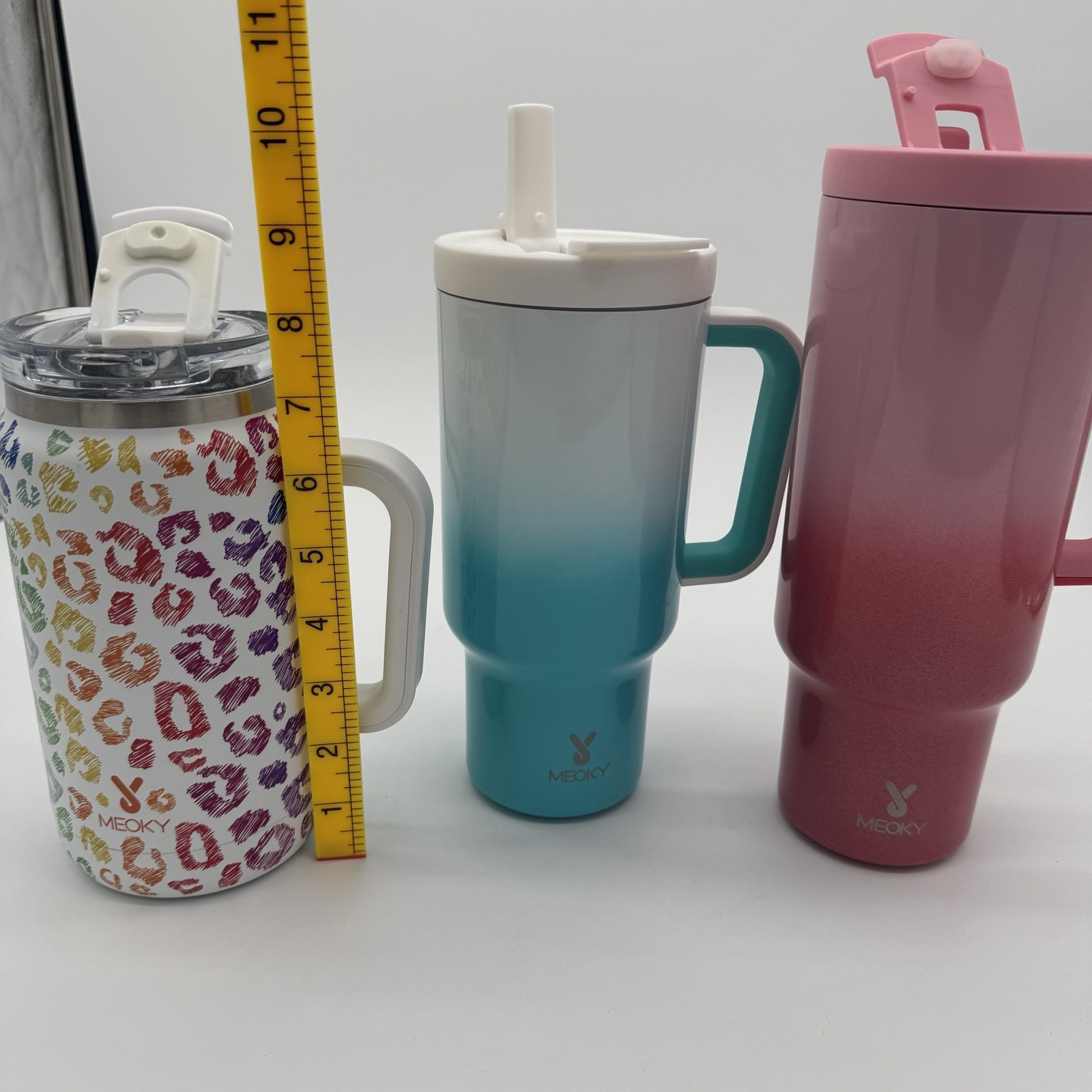 Lot Of 3 Meoky Insulated Tumblers Leopard Print Pink Blue Handles
