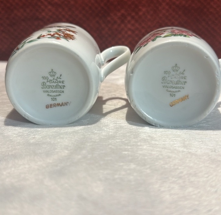 Vtg 2 Bareuther Waldsassen Bavaria Germany China Cups. Birds Flowers Pink Yellow