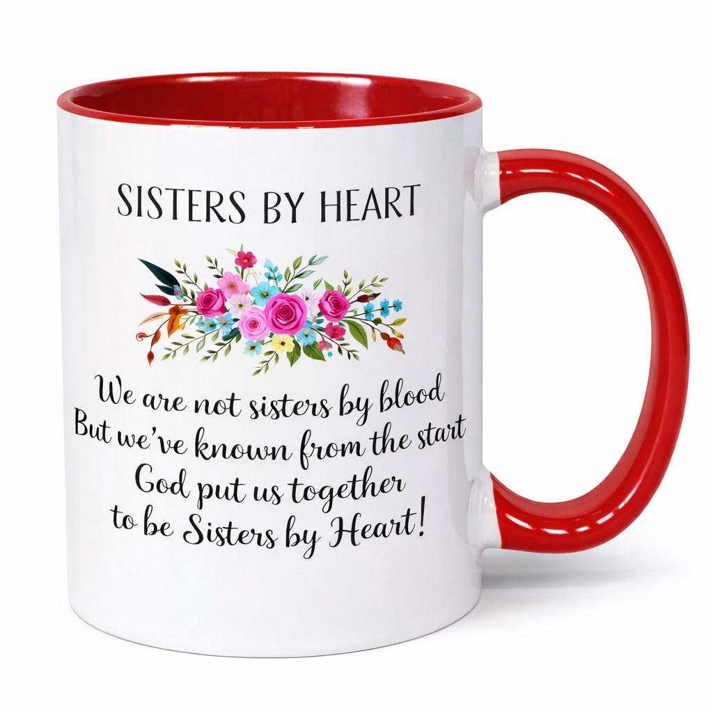 Sisters by Heart Coffee Mug | Friendship Gift Mug | Floral Sister Quote Mug 11oz