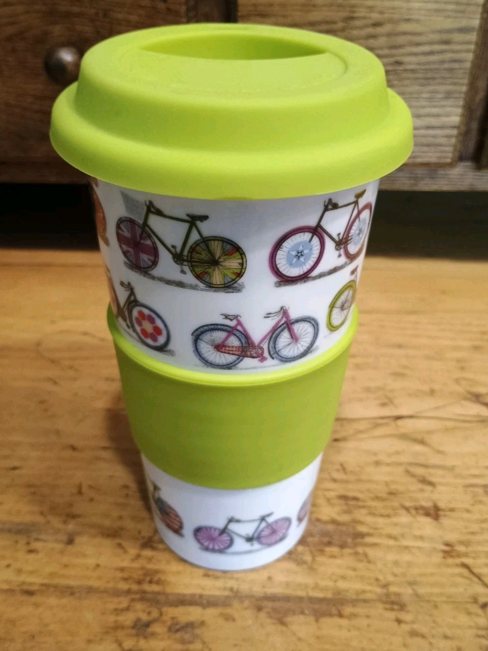 World Market Bicycle Ceramic Travel Mug with Grip and Lid – White / Green