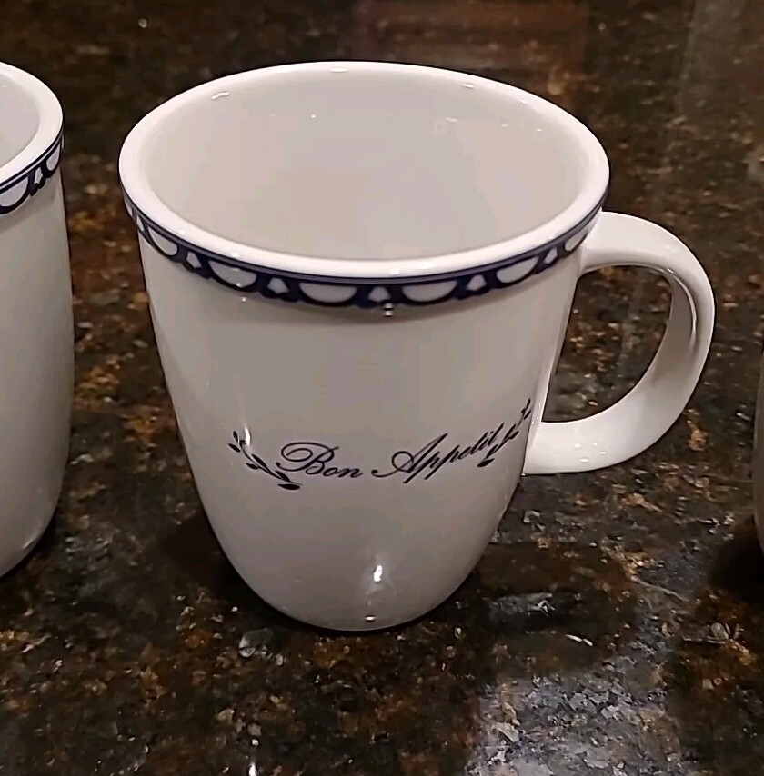 SET (4) Target Home BON APPETIT White w/Blue Accents 11 oz Coffee Mugs