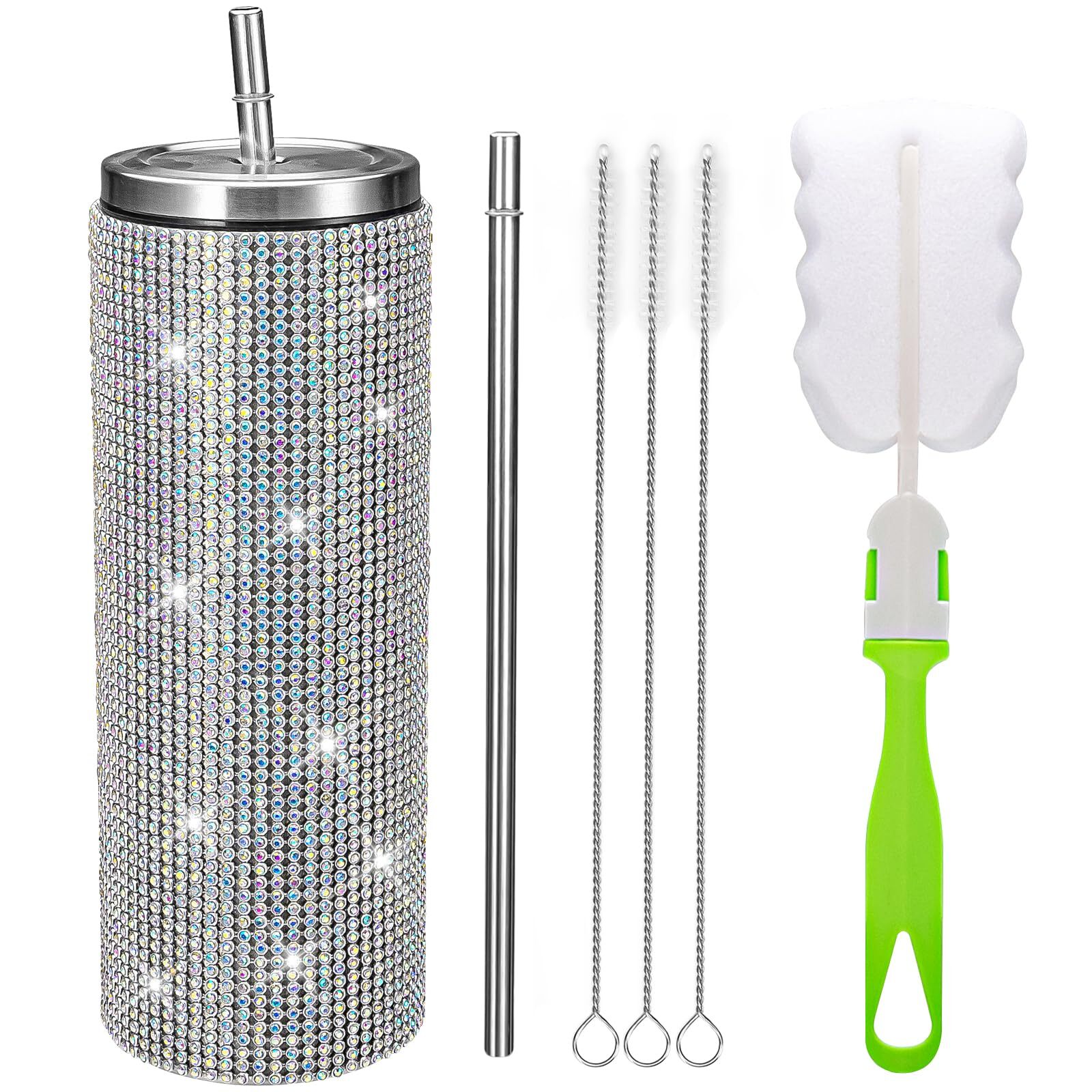 Bling Water Bottle Diamond Rhinestone Stainless Steel Cup with Lid, Straw, Brush