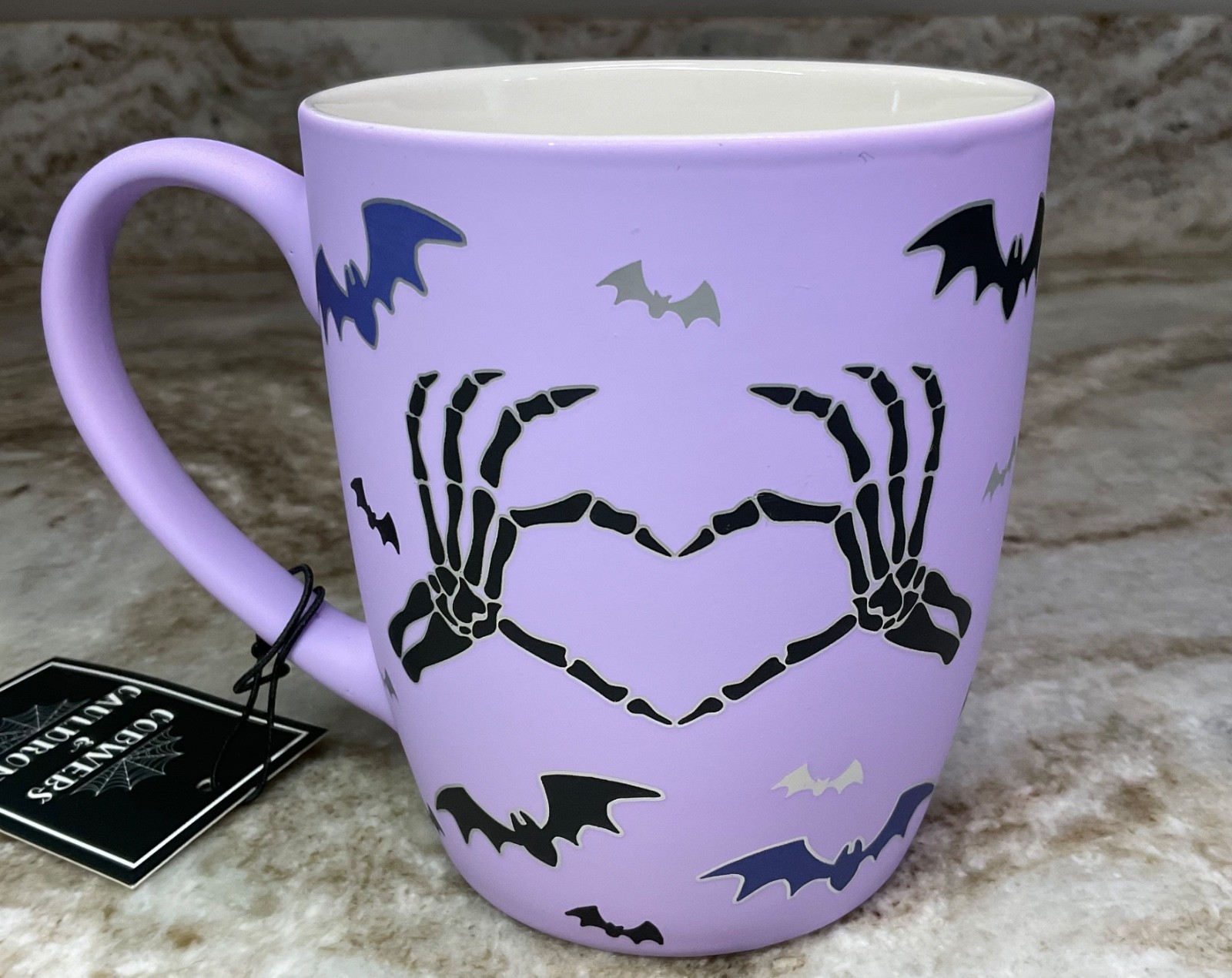 Large Halloween Coffee Mug Skeleton Heart Hands And Bats Purple New