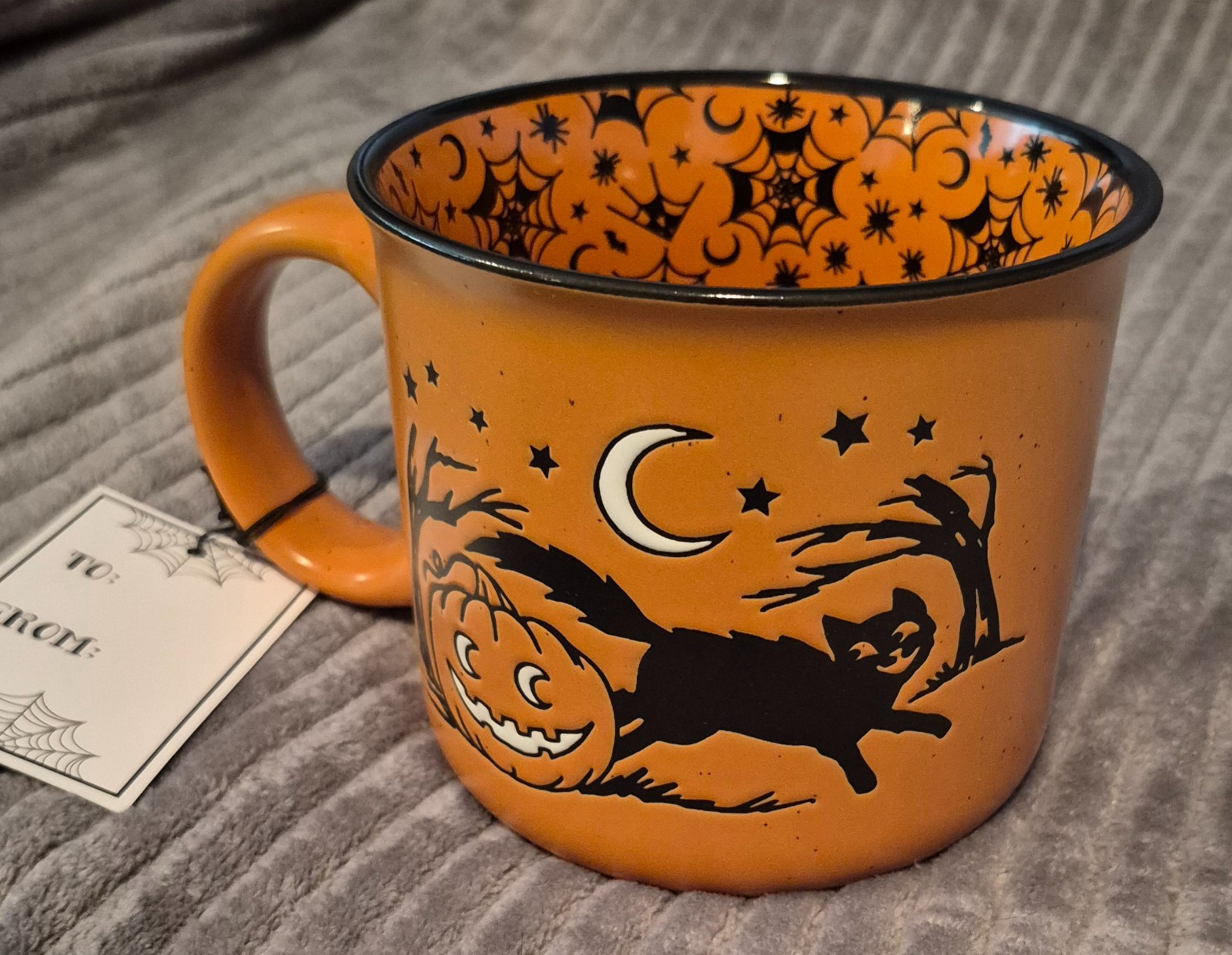 Cobwebs & Cauldrons BLACK CAT & Pumpkin Orange Ceramic Halloween MUG New
