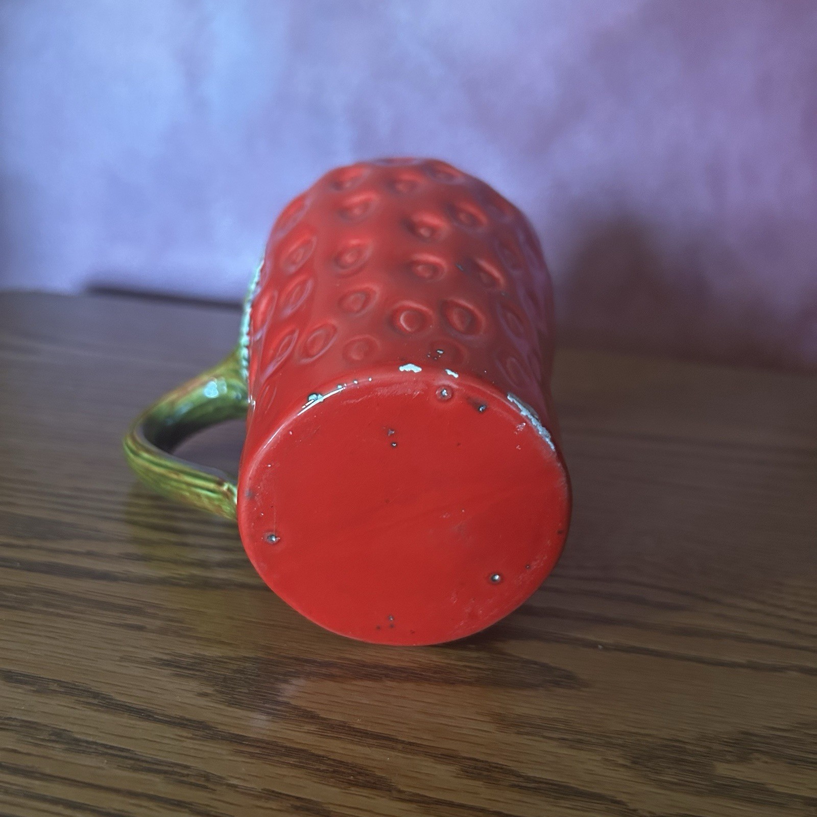 Red Strawberry Pattern Ceramic Coffee Mug w/ Green Leaf Handle, 8 fl oz