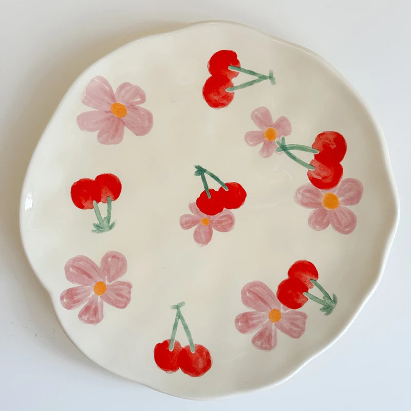 Korean Style Flower Pattern Ceramic Cup and Saucer Set Hand Pinched Irregular Co