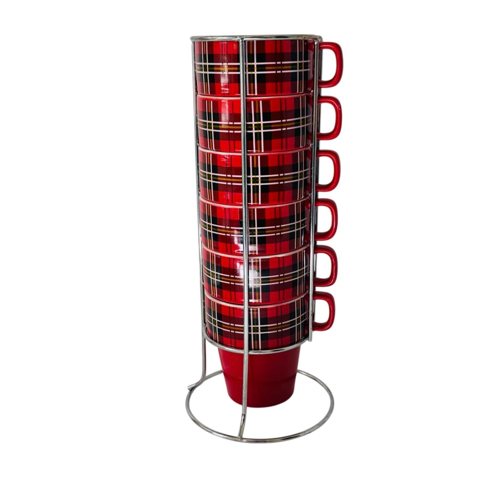 Stacking Ceramic Cappuccino Mugs Set/6 Red Plaid 8 oz Metal Stand Retro Xmas