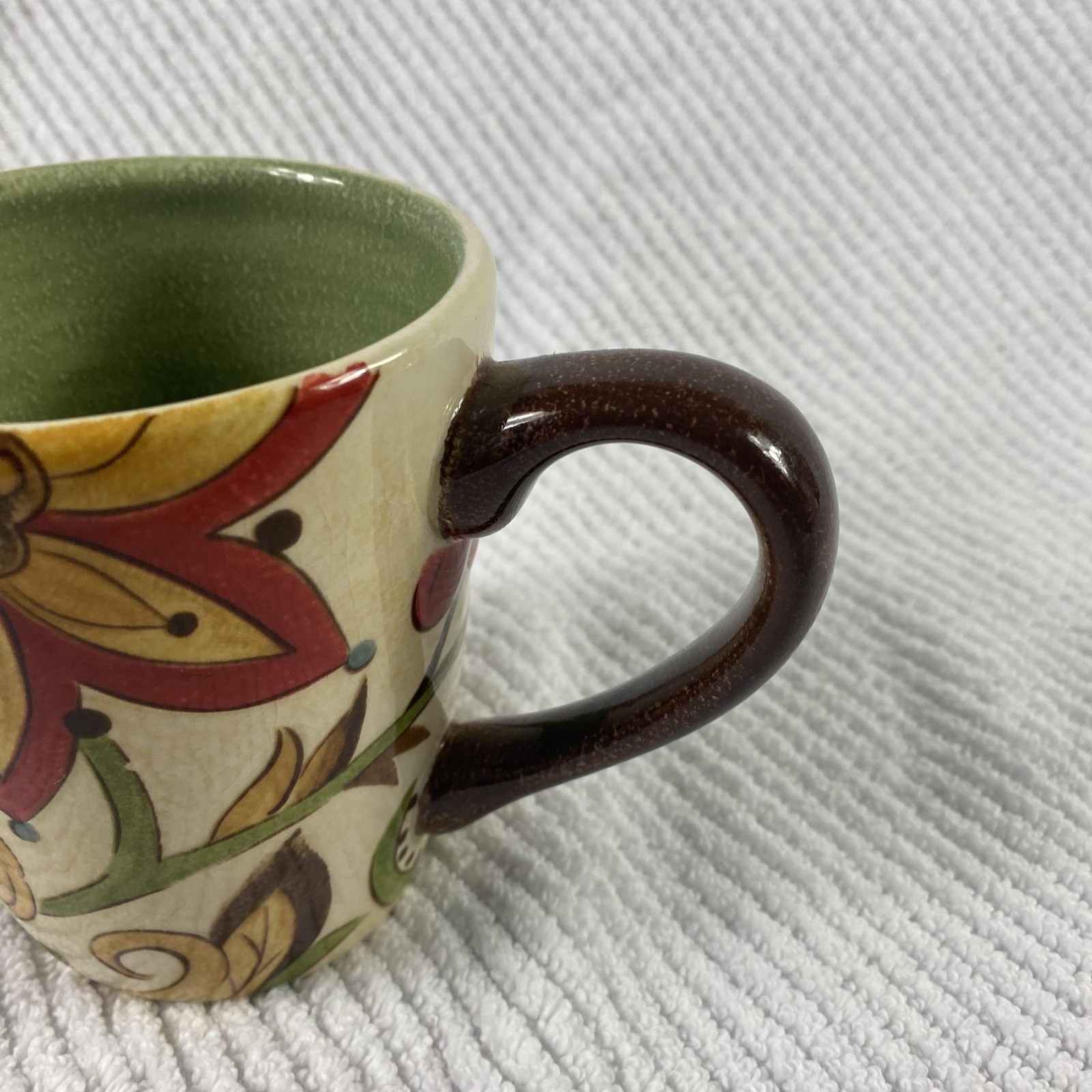 Pier 1 Imports Hand-Painted Floral Earthenware Mug Green Interior Crackle Glaze