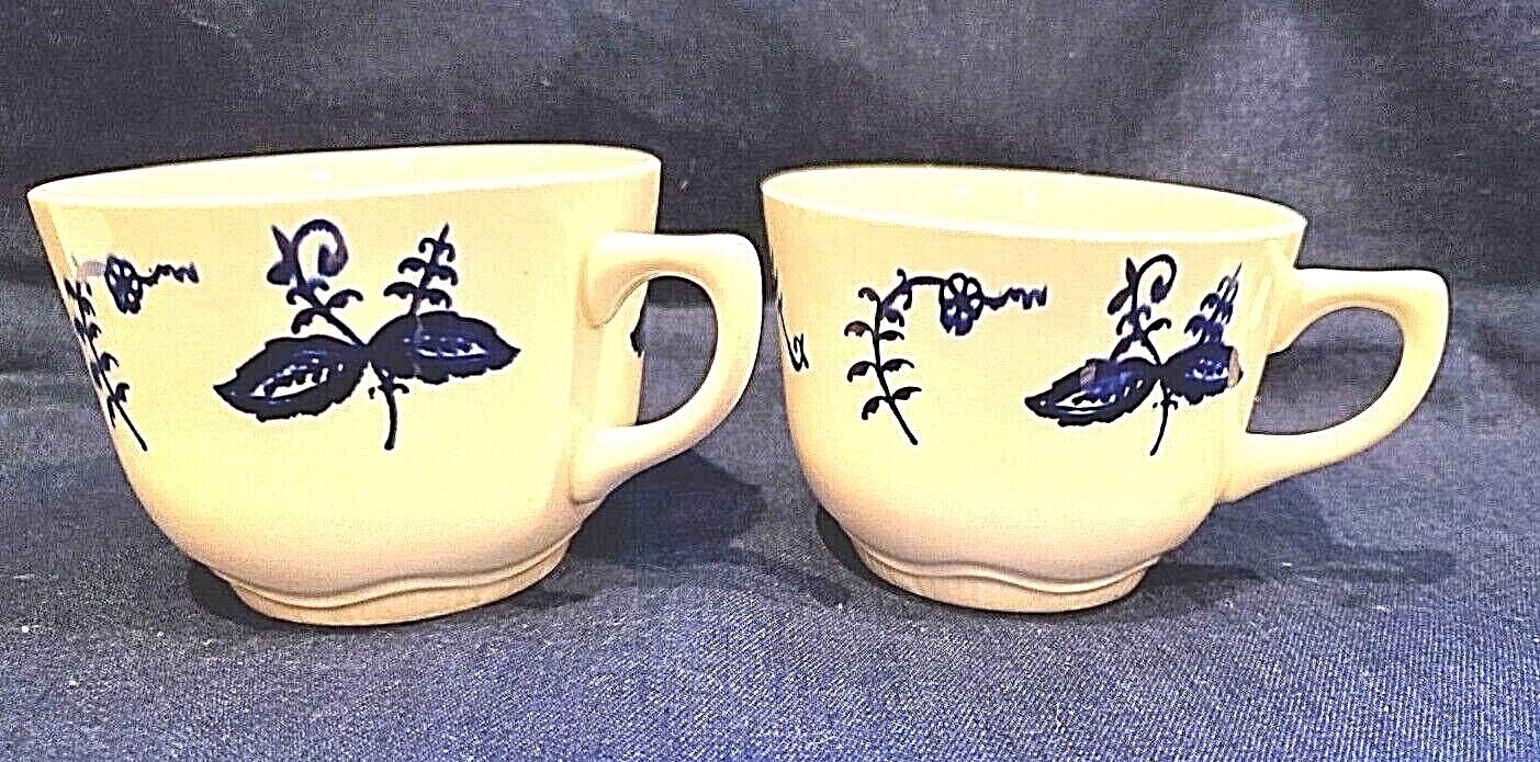 Stoneware Coffee Cups USA Vintage Deep Blue Flowers Pair 8 fl oz