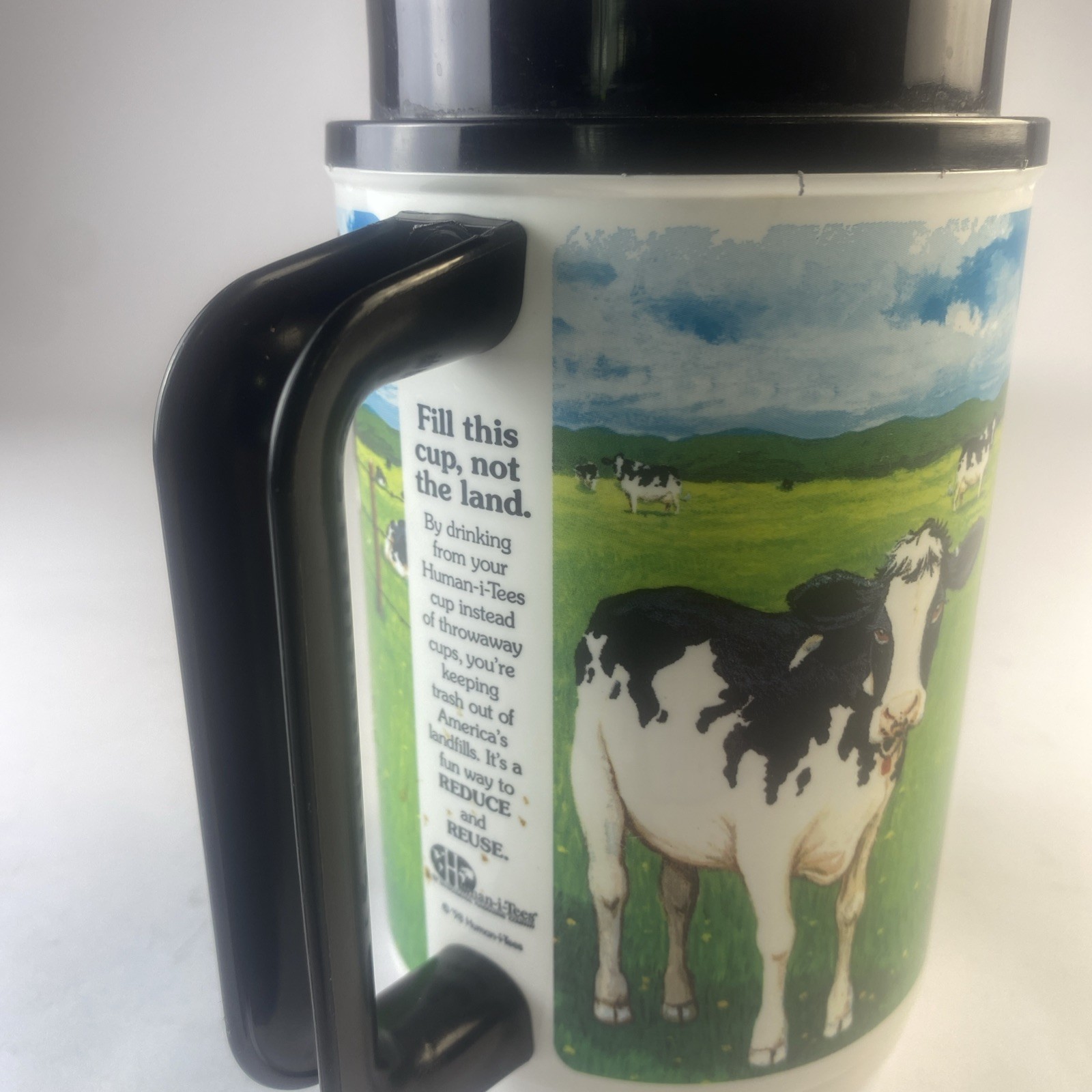 Whirley T-7 16 fl oz human-i-ts Cow Print Double Wall Travel Coffee Tea Mug Cup