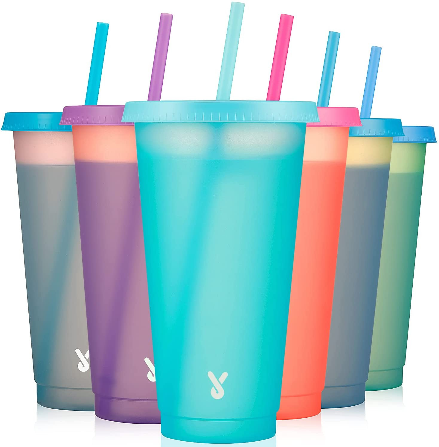 Plastic Cute Cold Cups with Lids and Straws Bulk for Iced Coffee – 6 Pack 24 oz