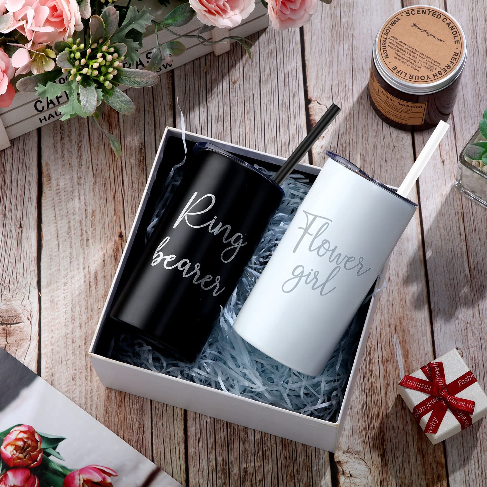 2 Pcs 16 Oz Flower Ring Bearer Tumbler Cup Stainless Steel Cup With Straw Water