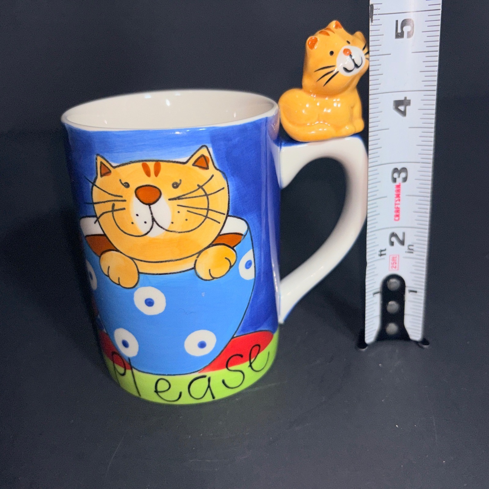 Indra Fine Stoneware Hand-Painted 3D Orange Cat Handle Coffee Mug Blue Thailand