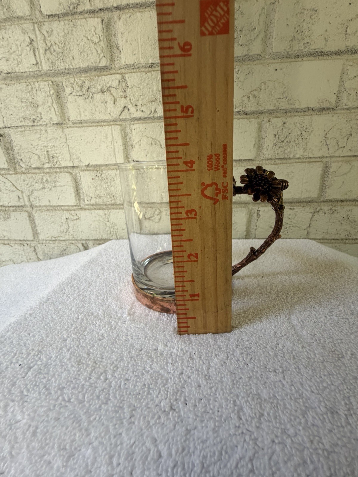 Clear Glass Mug 8 fl oz Copper-Tone Floral Metal Handle & Base Rustic Decor