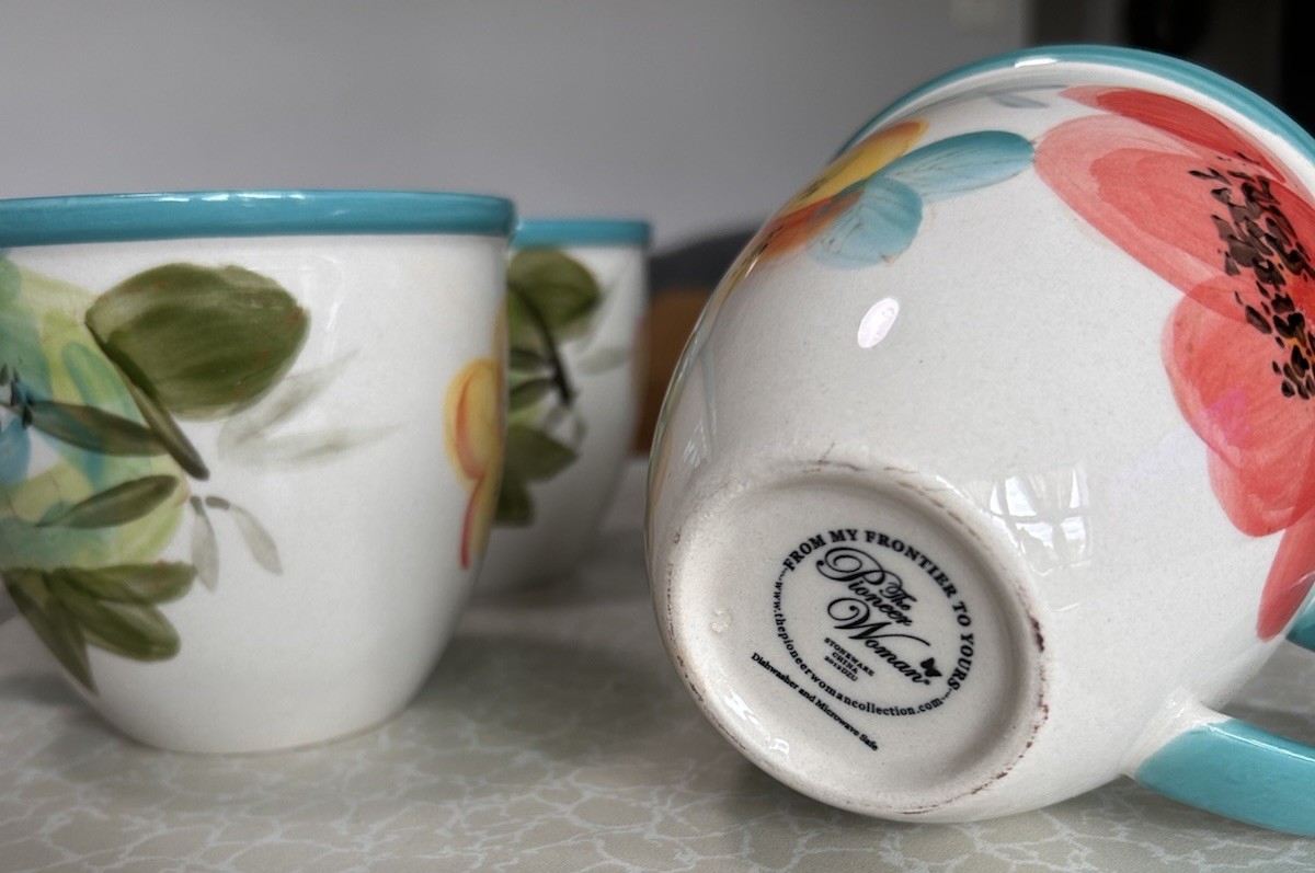 The Pioneer Women Flea Market Decorated Coffee Cup, Floral Turquoise, Set of 4