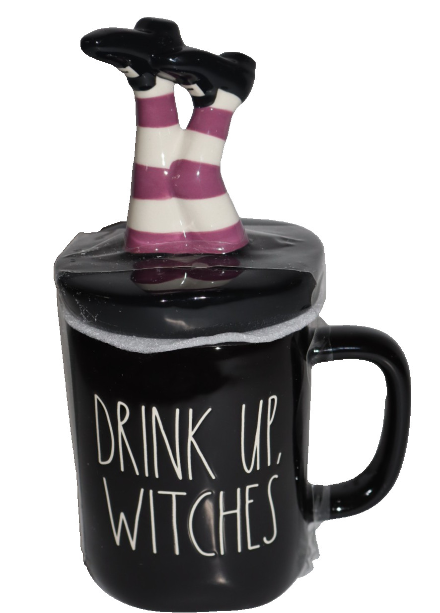 RAE DUNN Drink Up Witches Legs Topper Purple Halloween Black Coffee Mug NEW