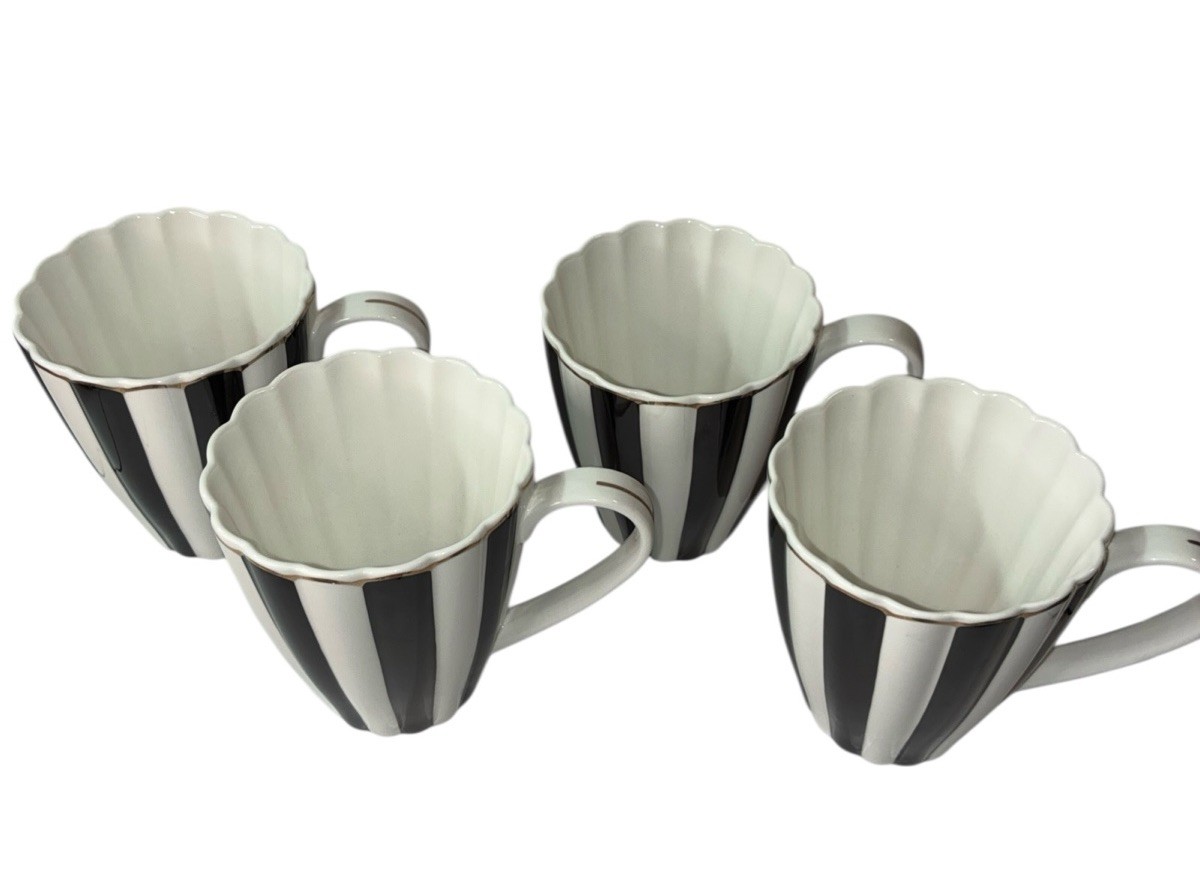 4 – Grace Teaware Black & White Scallop Josephine Gold Rim Porcelain Coffee Mug