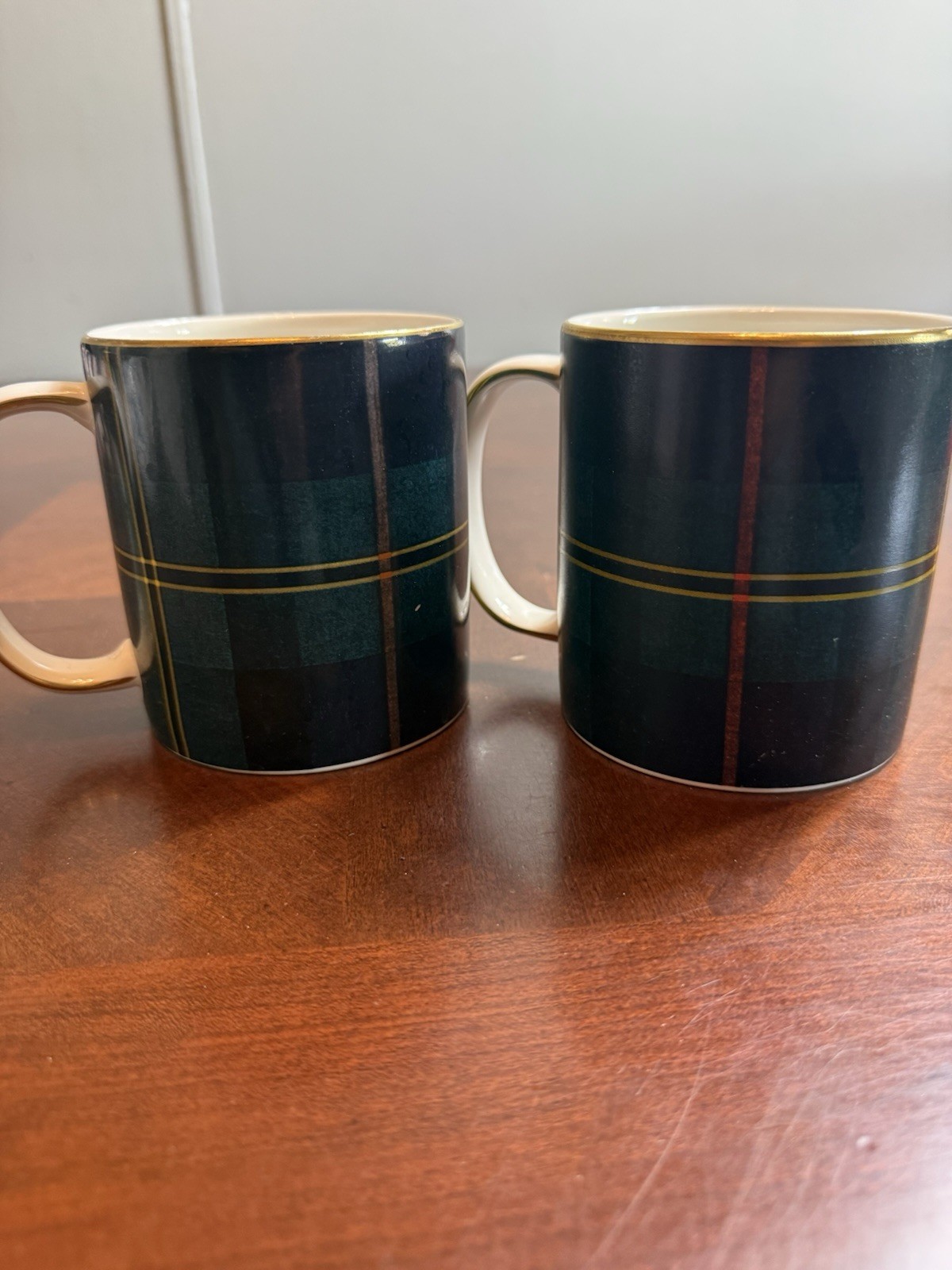 Set Of 2 Ralph Lauren Wedgwood Blackwatch Plaid Coffee Mugs Gold Trim England